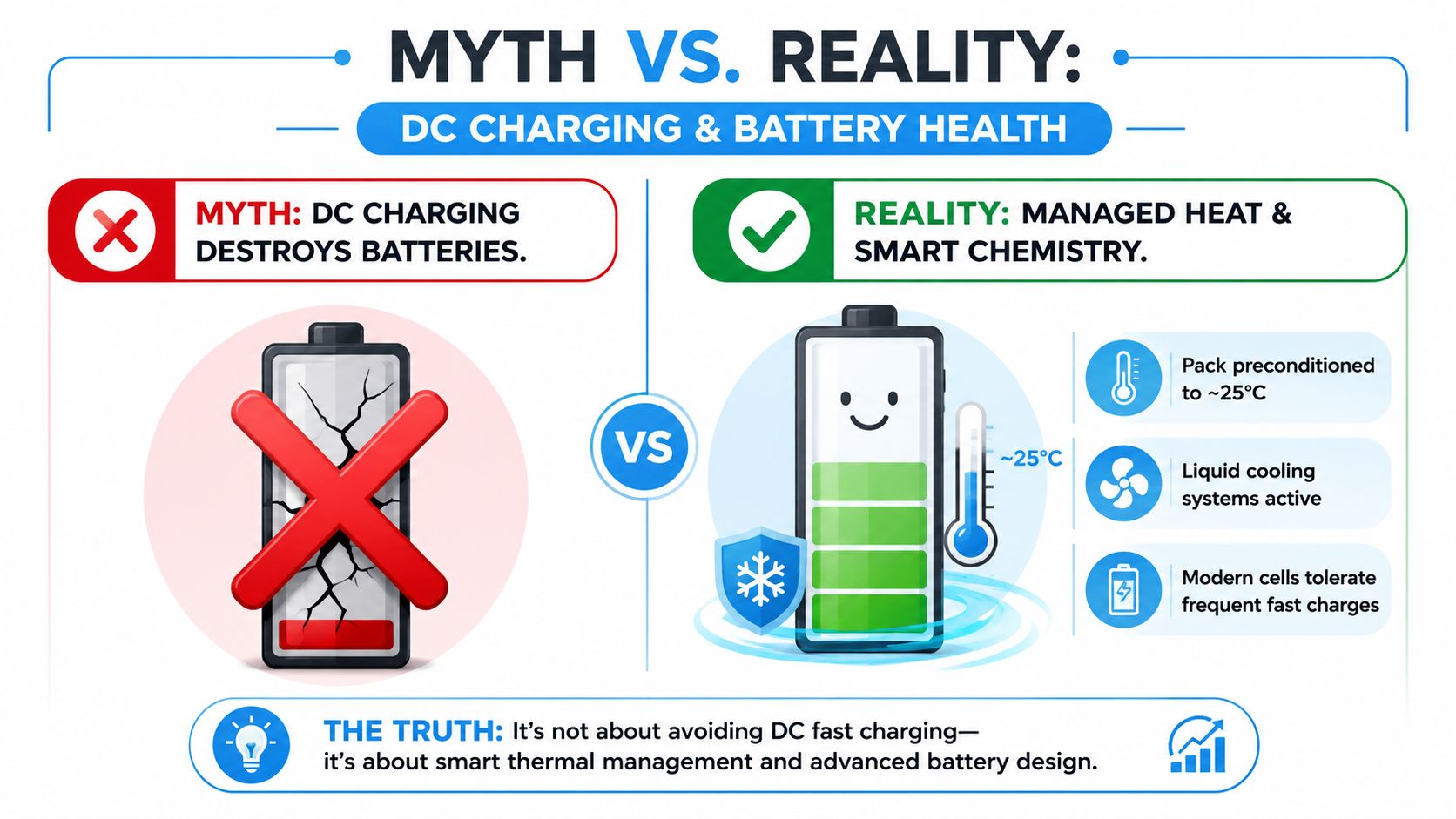 An infographic debunking the myth that DC fast charging destroys electric vehicle batteries through thermal management.