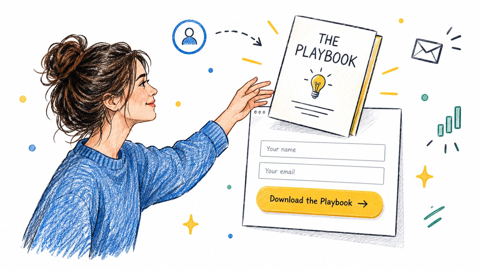 A hand-drawn illustration of a woman interacting with a digital form to download a playbook guide.