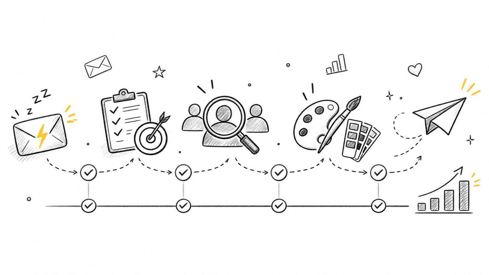 A hand-drawn illustration depicting a business process workflow from initial communication to final data-driven growth.