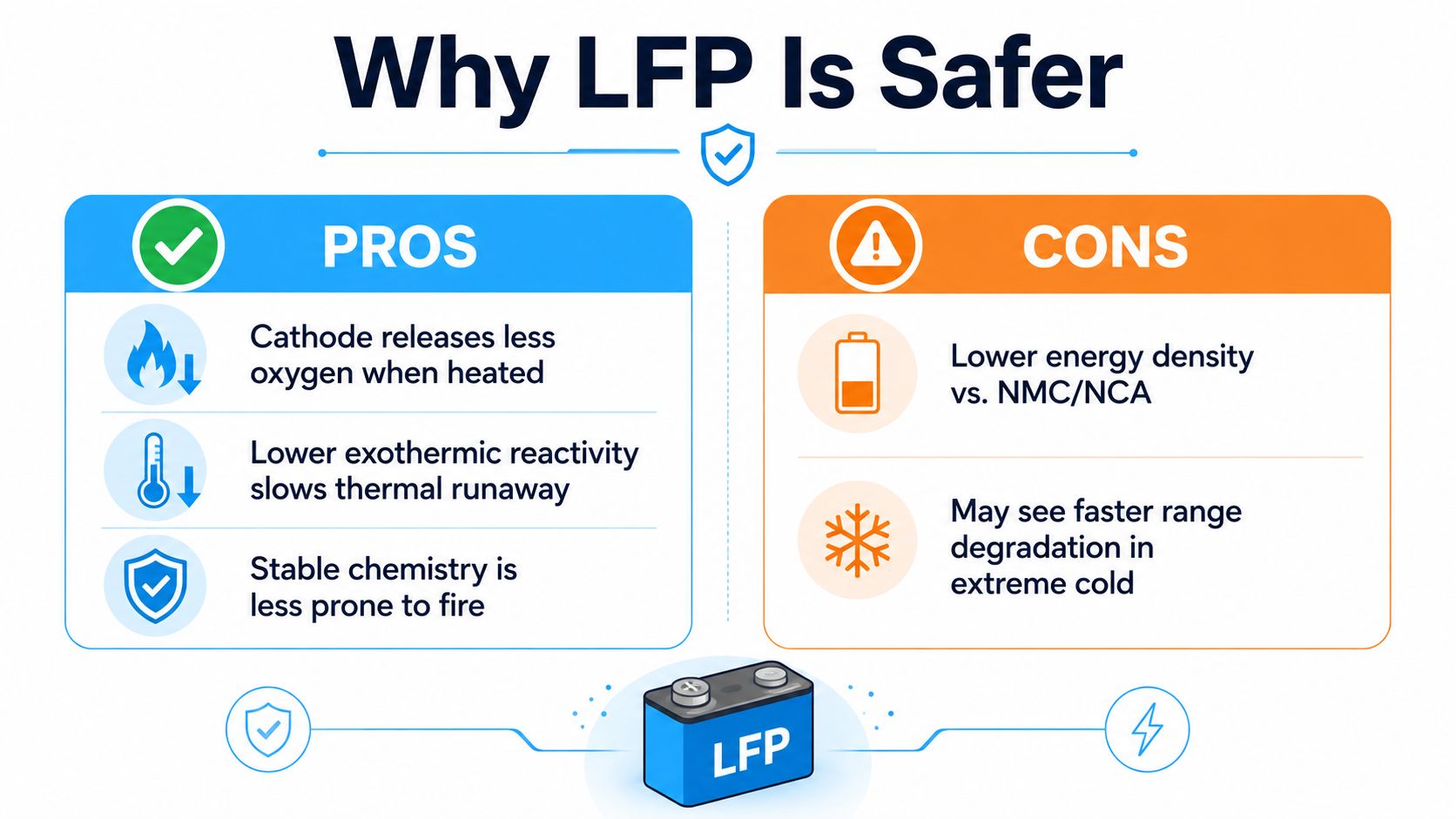 A comparison infographic showing the pros and cons of LFP battery technology for electric vehicles.