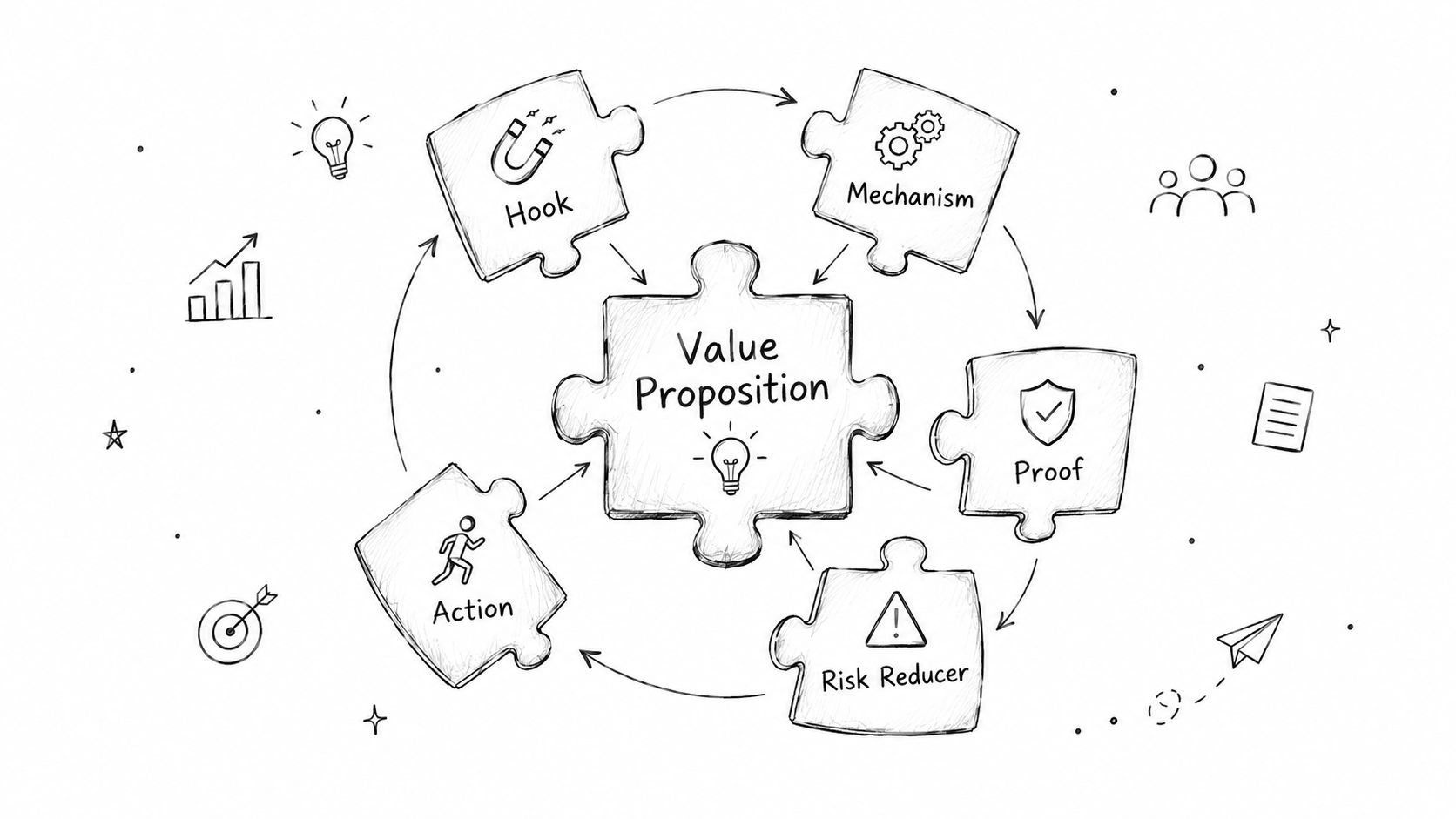 A hand-drawn diagram illustrating a value proposition framework with puzzle pieces for Facebook ad copywriting strategy.