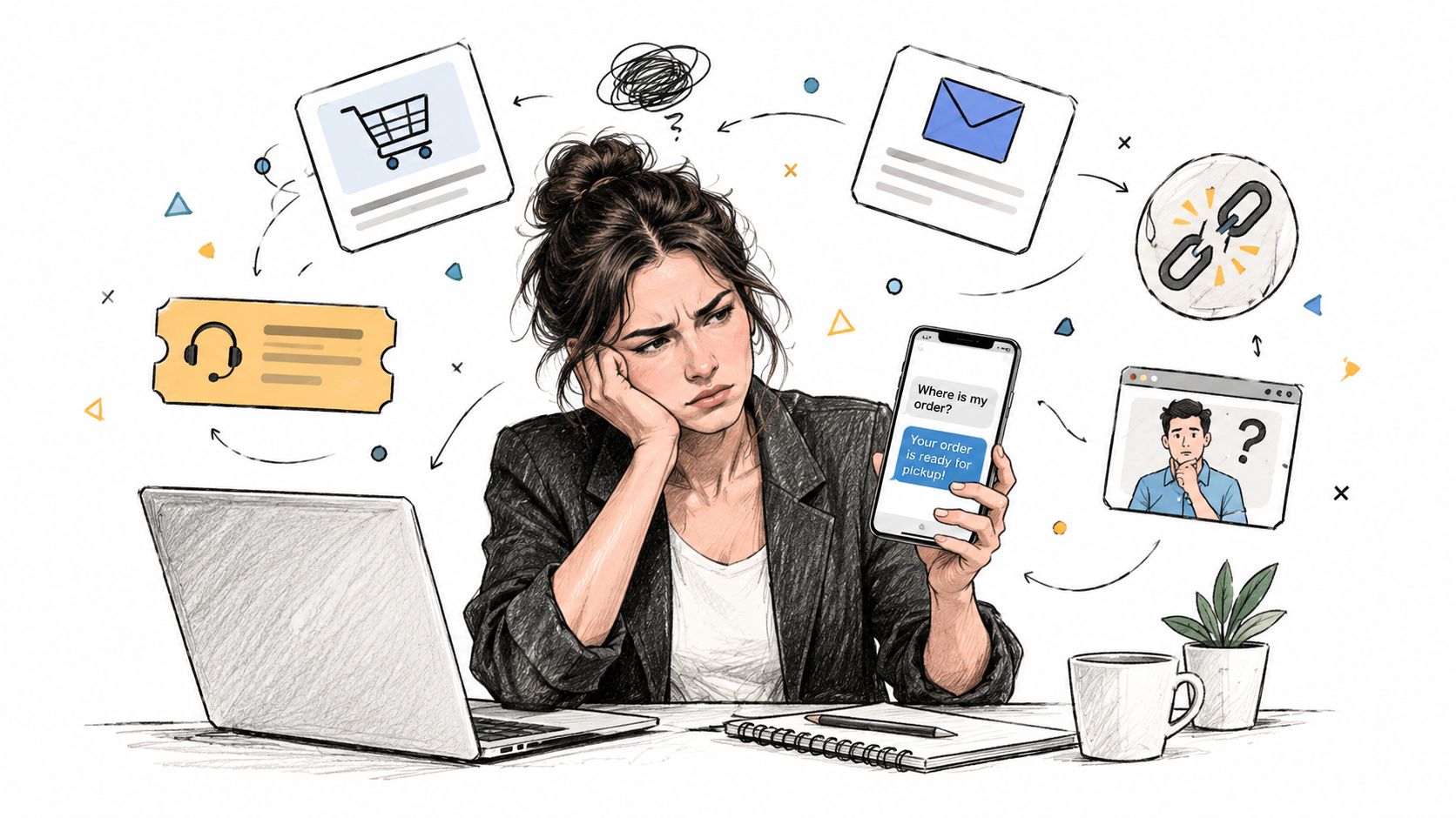 A frustrated woman looking at her smartphone while multitasking with various digital communication and e-commerce icons.