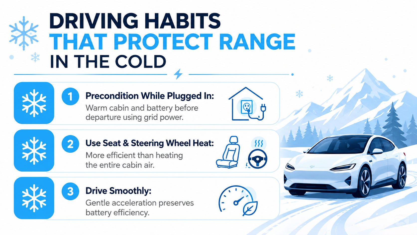 An infographic illustrating three driving habits to maintain electric vehicle range during cold winter weather conditions.