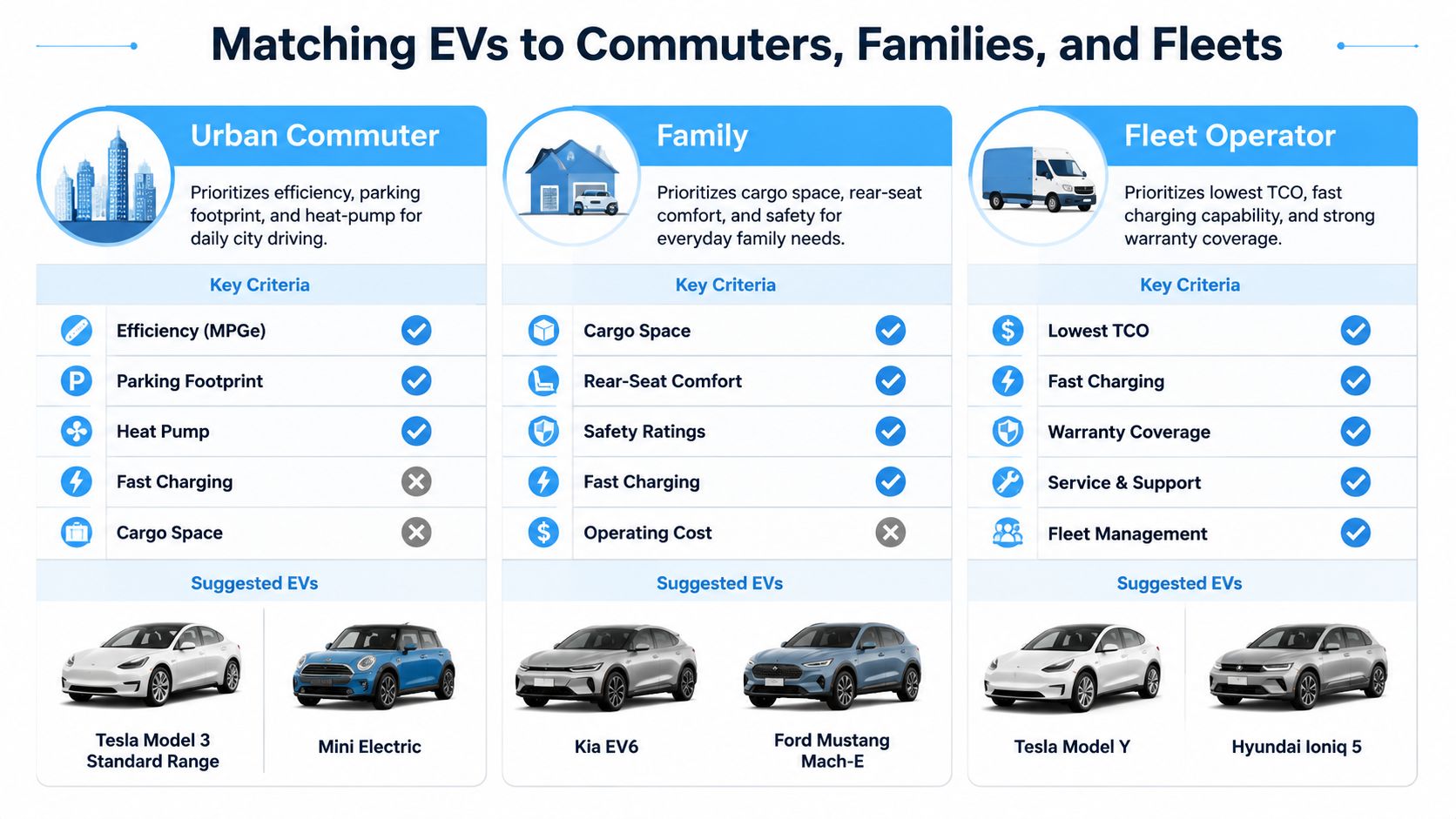 A comparison chart matching electric vehicle features to urban commuters, families, and fleet operators' specific needs.