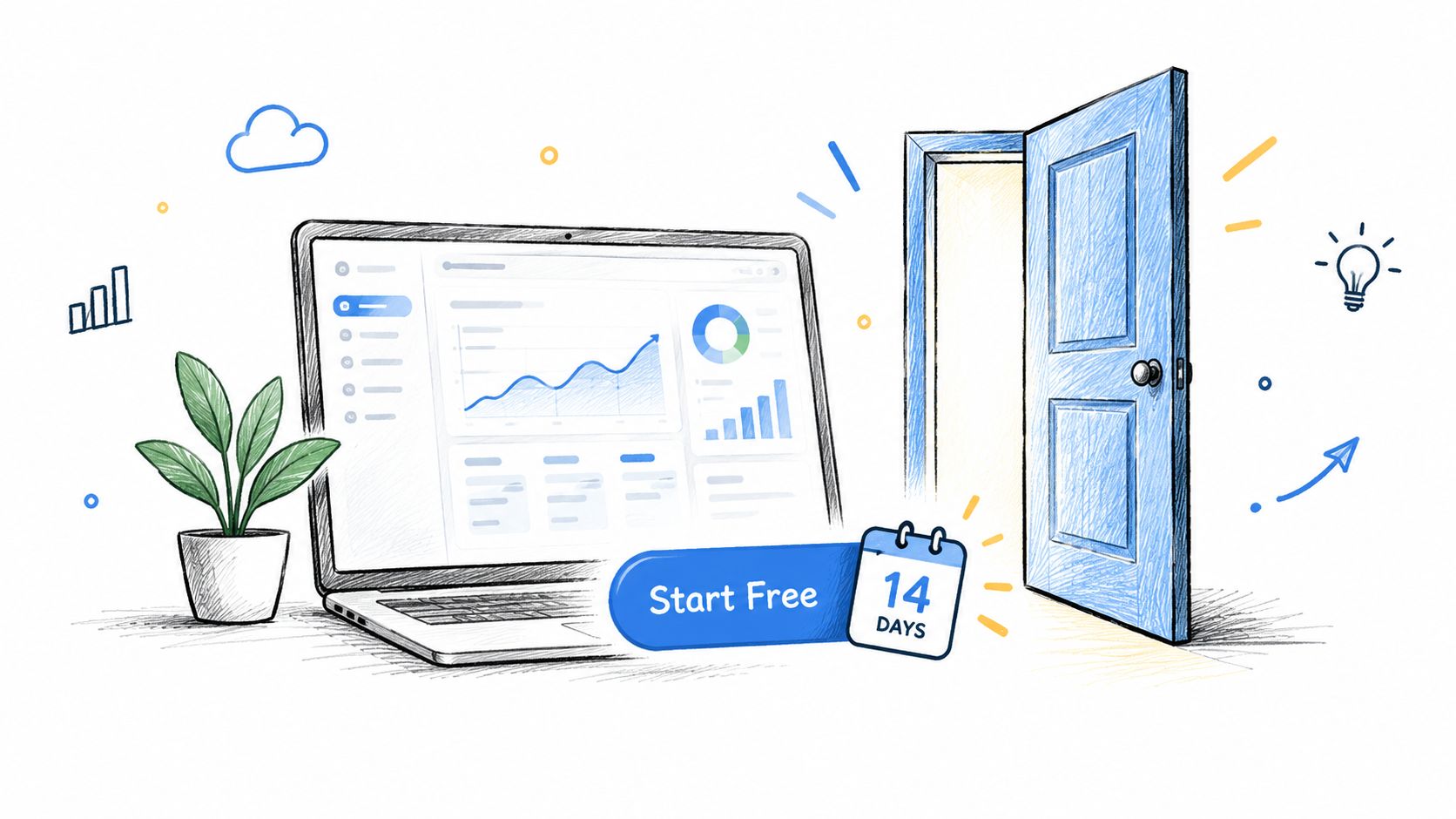 A conceptual illustration of a laptop showing data charts next to an open door and a trial offer.