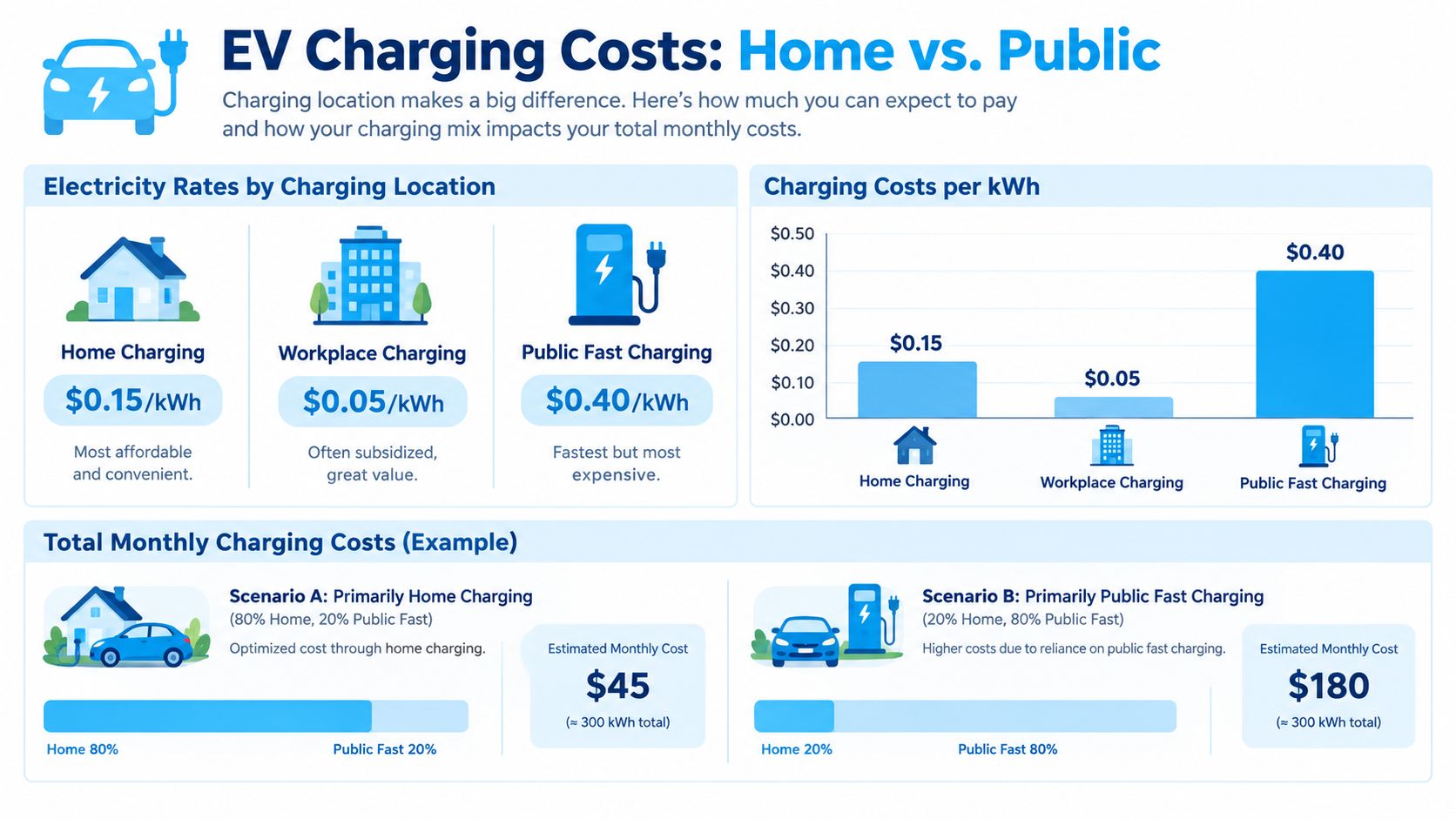 An infographic comparing electric vehicle charging costs at home, workplace, and public fast charging stations.
