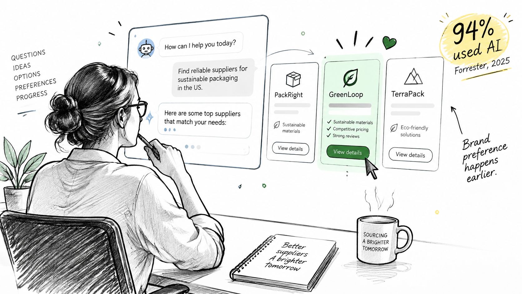 A professional woman uses AI-powered search to discover sustainable packaging suppliers on a digital interface.
