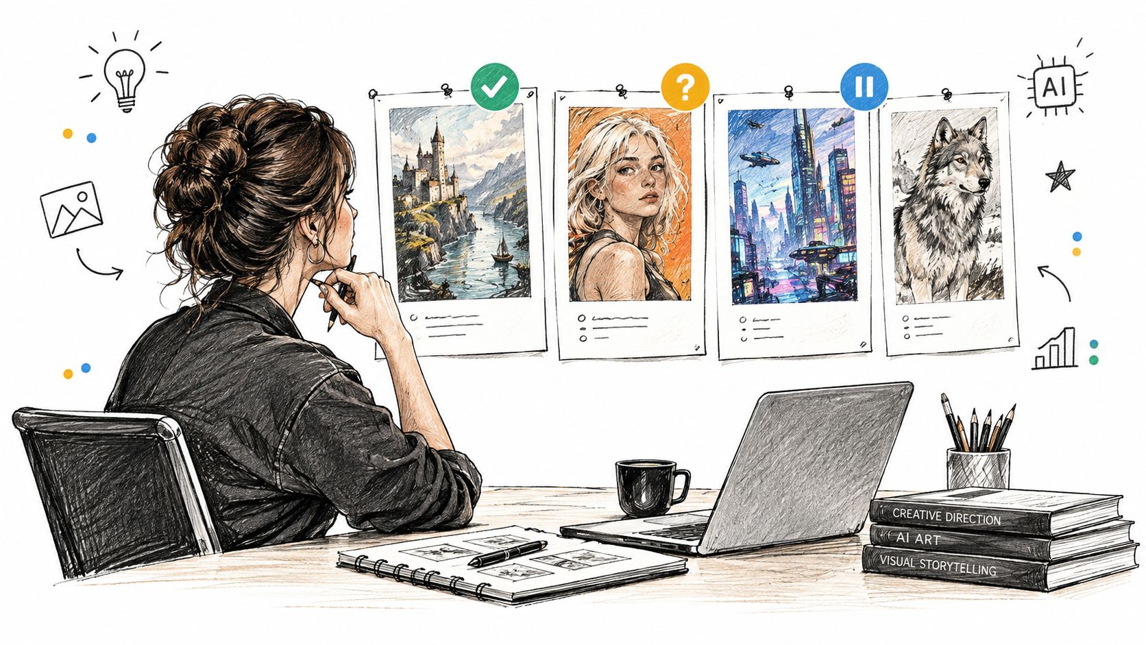 An artist sits at a desk reviewing various AI-generated digital art concepts displayed on the wall.