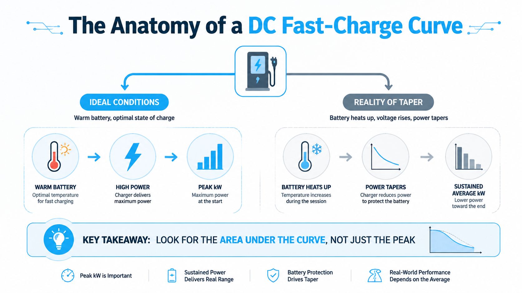 An infographic explaining how DC fast-charge curves work, contrasting ideal conditions with battery tapering reality.