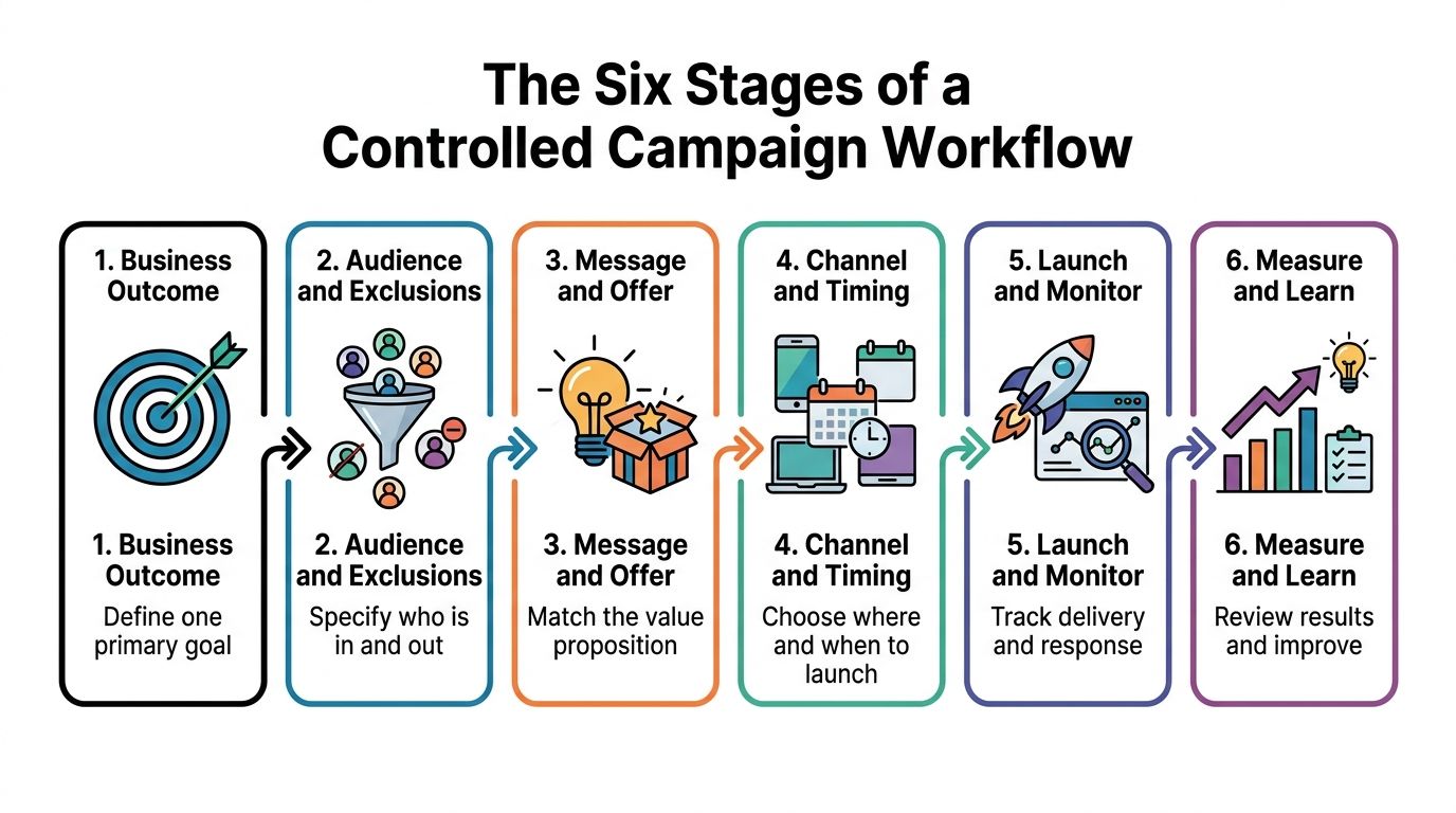 A diagram illustrating the six stages of a controlled marketing campaign workflow process from goals to review.