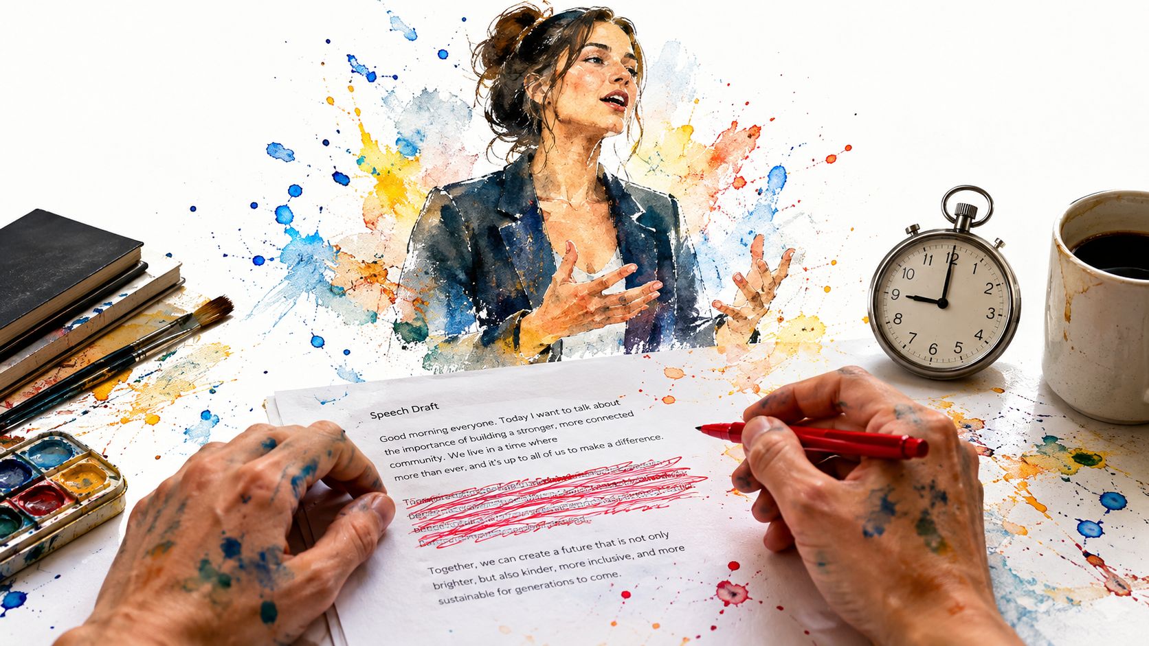 Artist working on a speech draft with a watercolor painting of a woman speaking in the background.