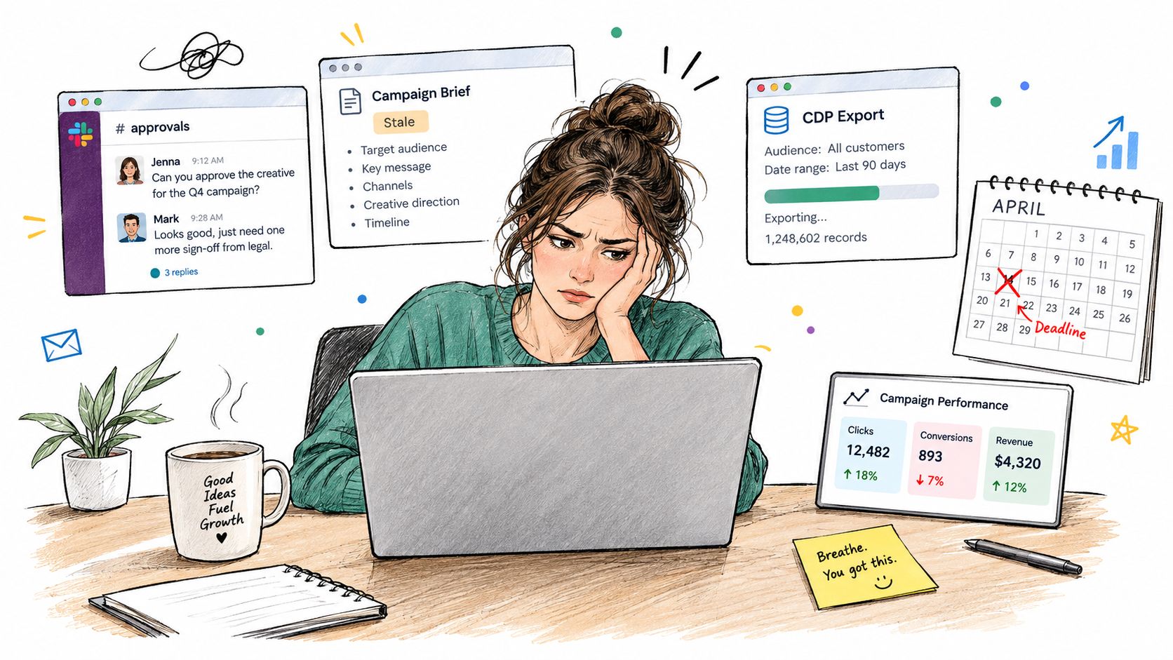 A stressed woman sitting at her desk, overwhelmed by multiple digital marketing tasks and deadlines.