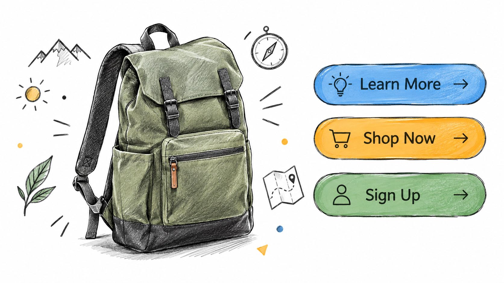 A hand-drawn illustration of a green travel backpack next to three colorful call to action buttons.
