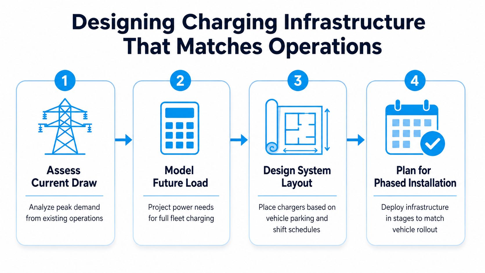 A four-step infographic illustrating the process of designing charging infrastructure for electric vehicle fleets efficiently.