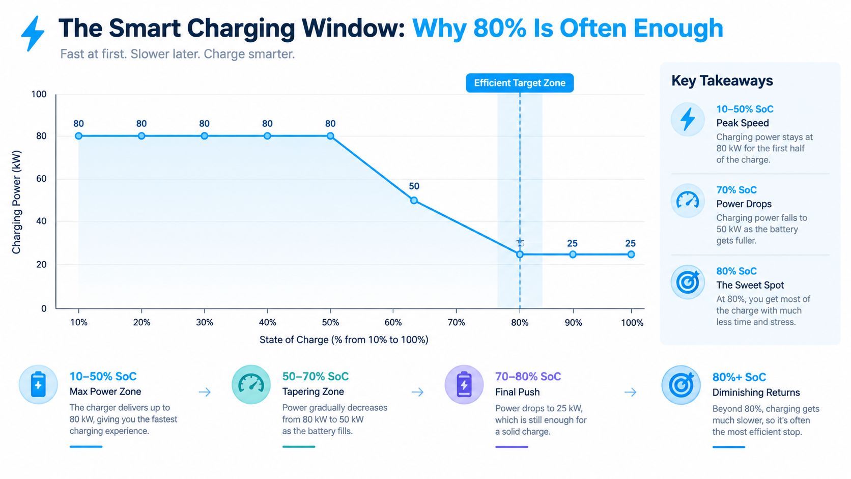 A chart explaining why charging an electric vehicle battery to 80 percent is the most efficient choice.