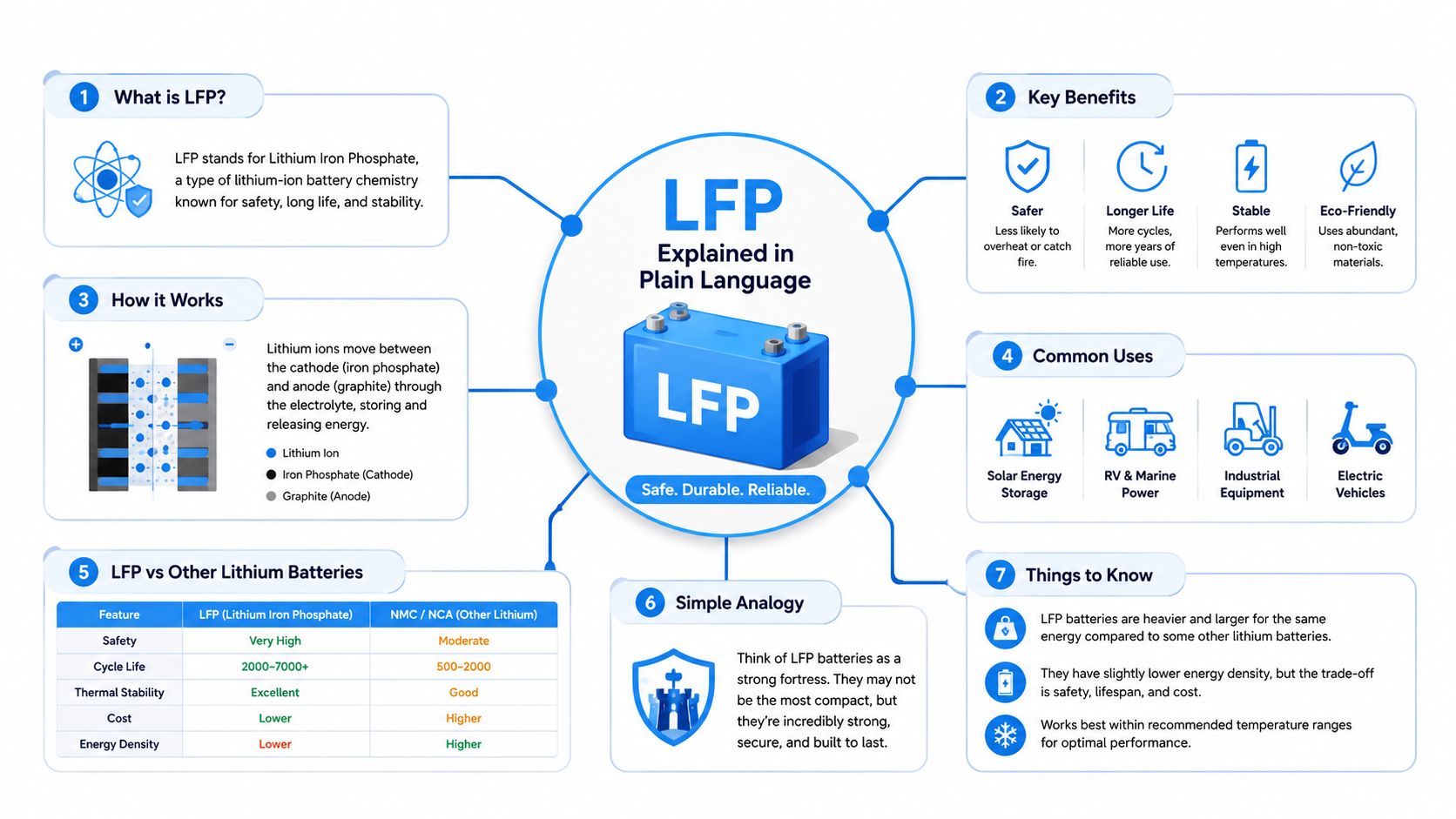 An infographic titled LFP Explained in Plain Language, detailing benefits, functionality, uses, and comparisons of LFP batteries.