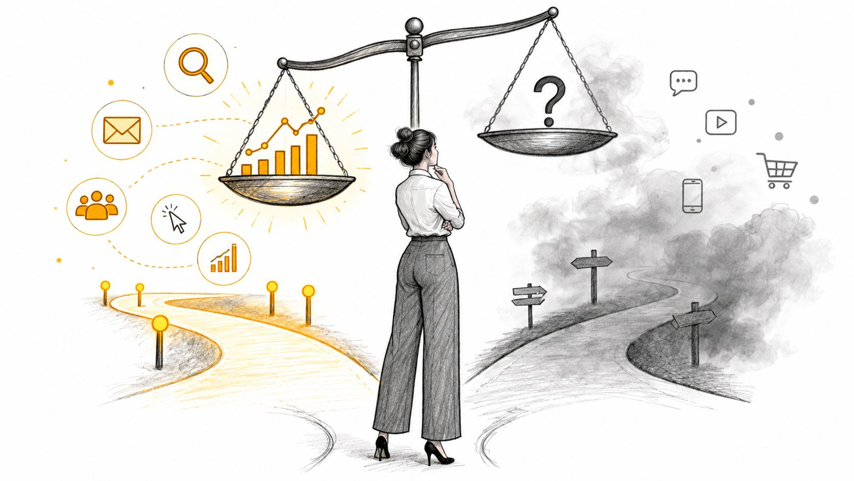 A professional woman standing between a bright data-driven path and a cloudy path with uncertainty icons.