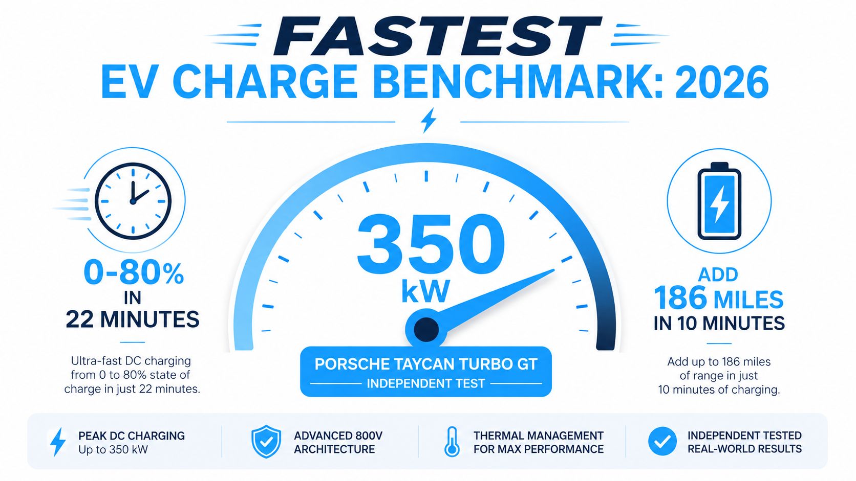 An infographic showing the Porsche Taycan Turbo GT achieving 0-80 percent charge in 22 minutes at 350 kW.