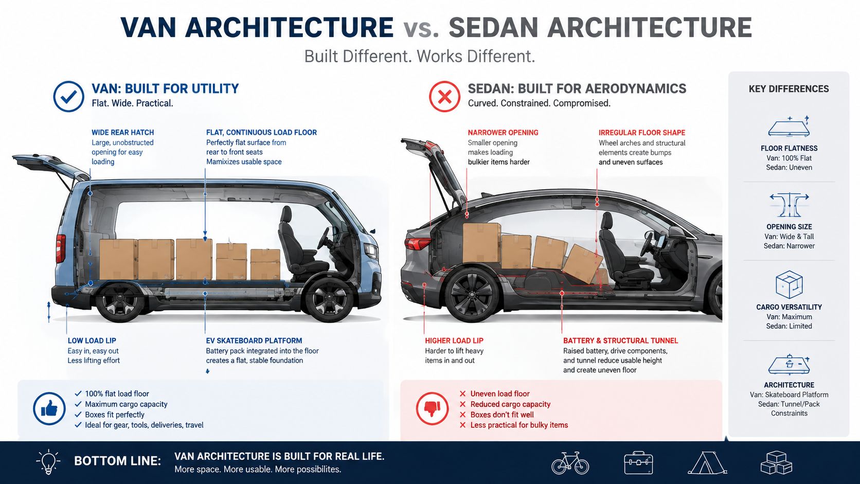A comparison graphic showing how van architecture provides more practical cargo space than sedan architecture for electric vehicles.