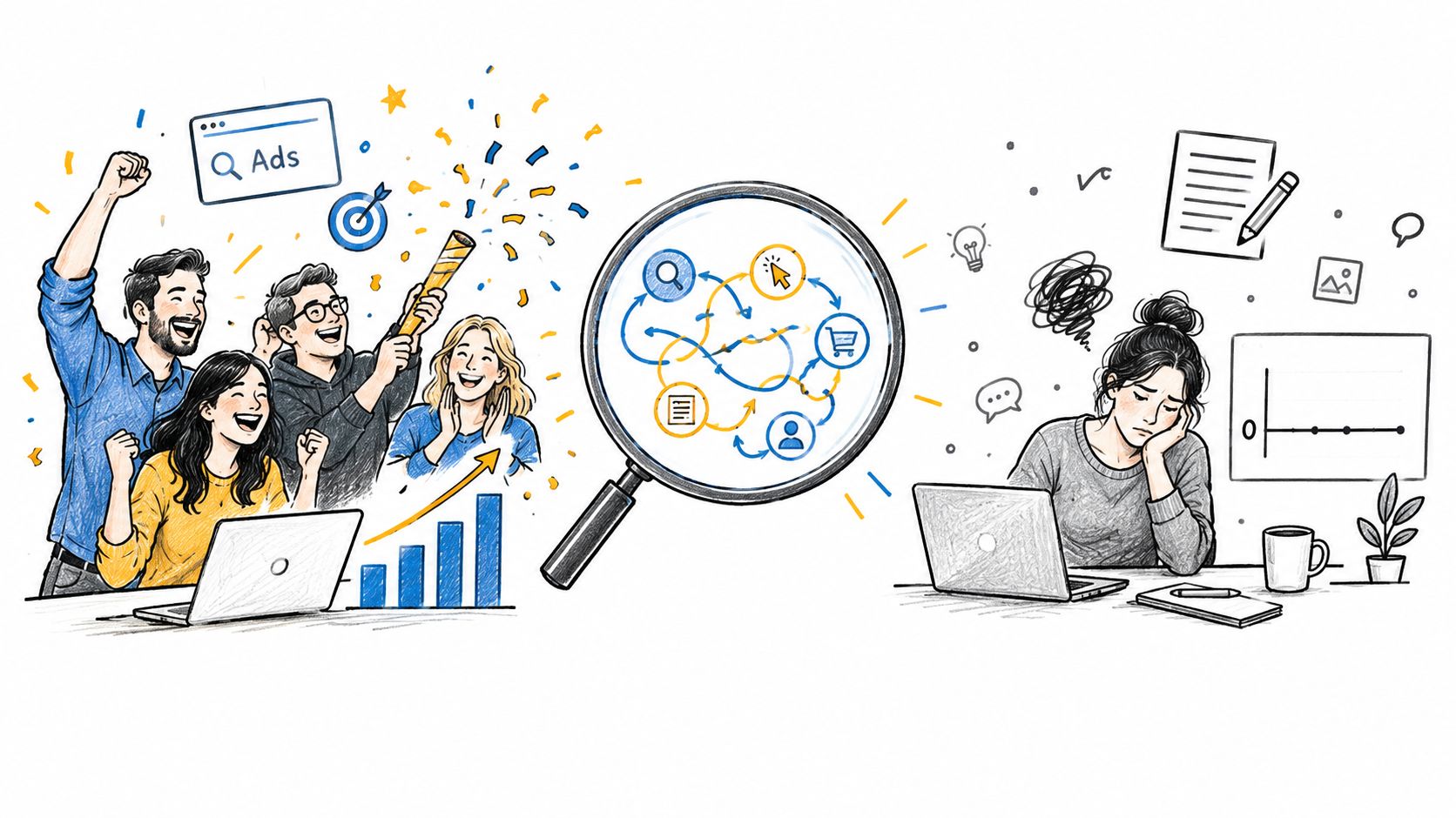 A split illustration comparing a successful team celebrating marketing success against an overwhelmed worker analyzing data.
