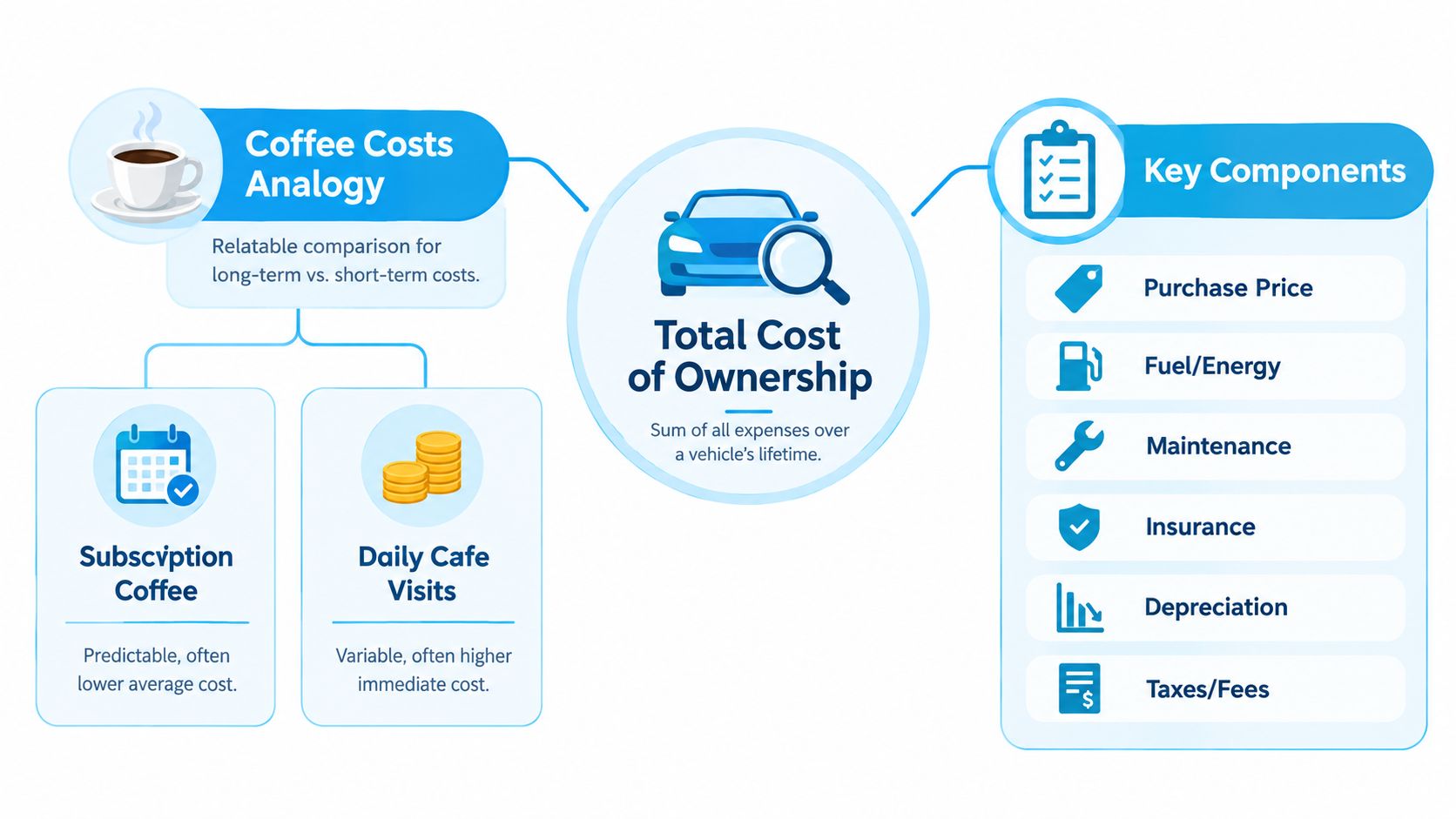 An infographic showing the total cost of ownership for a vehicle, including components and cost comparisons.