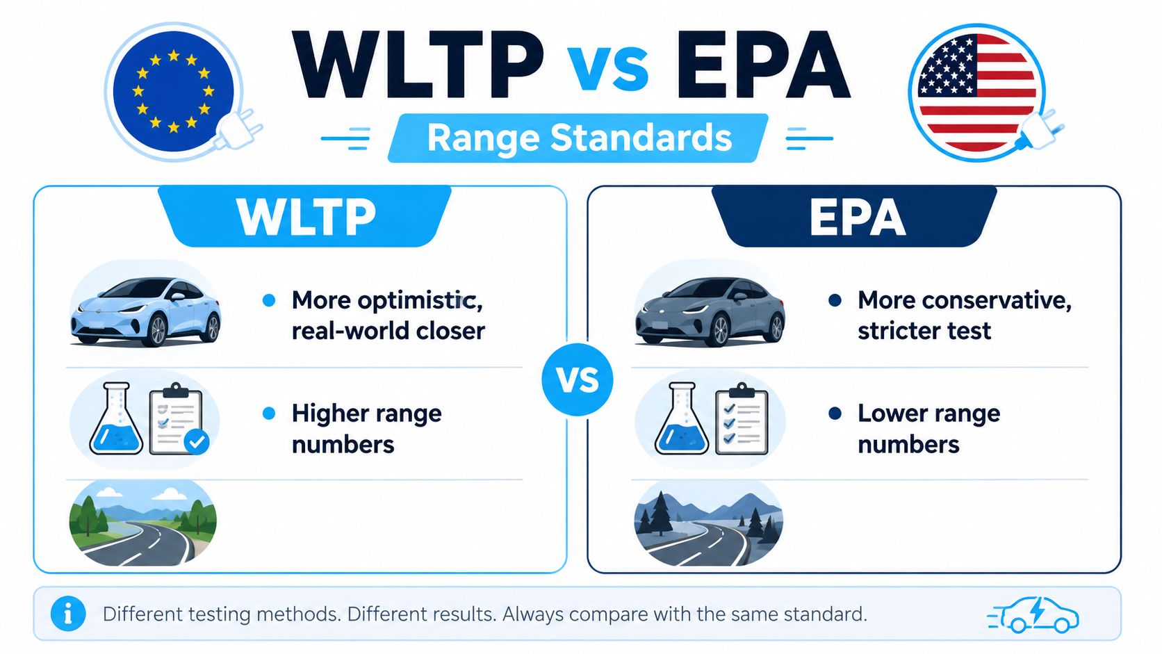 A comparison infographic between WLTP and EPA electric vehicle range testing standards with explanations of their differences.