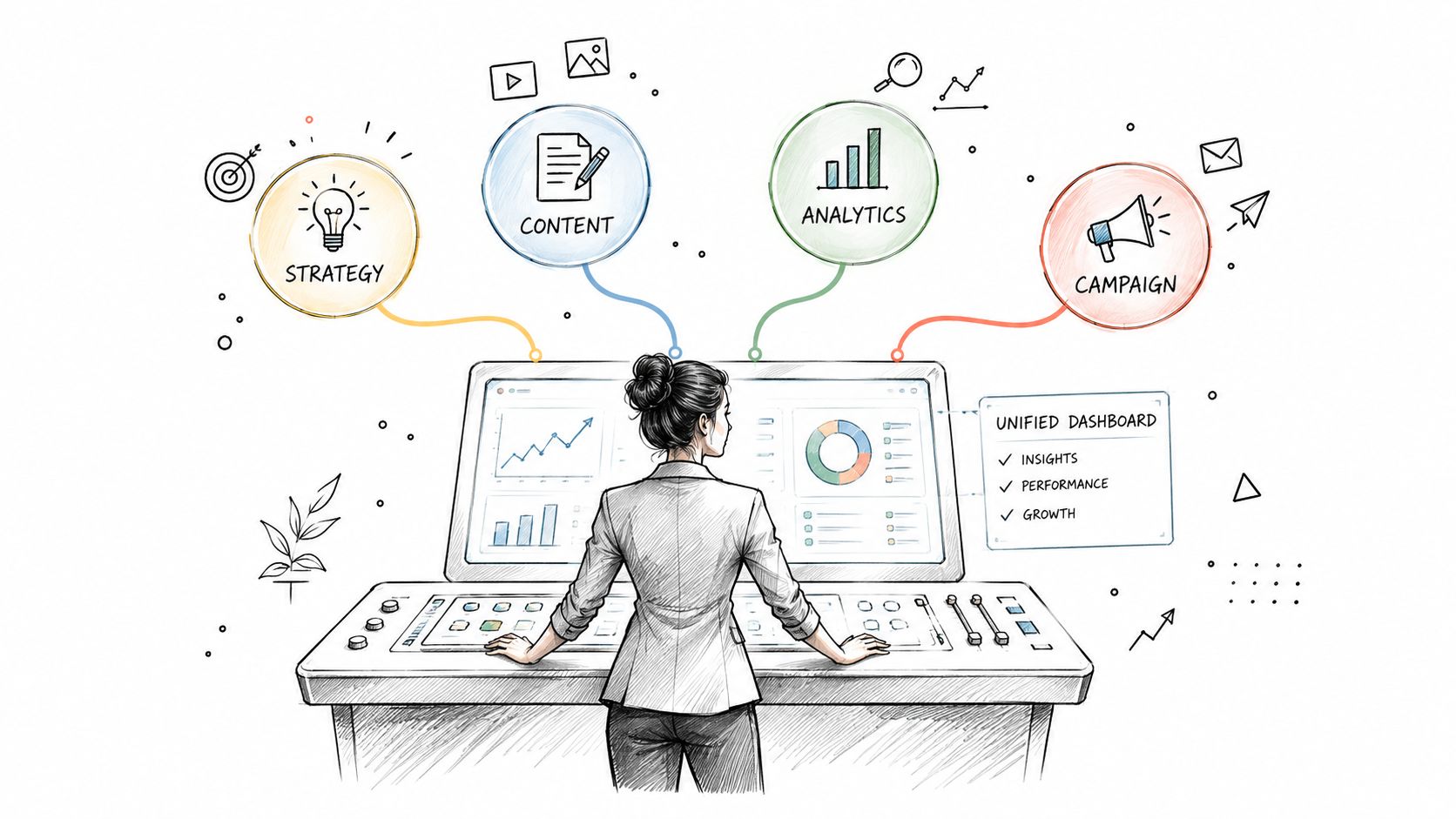A professional woman monitoring a marketing dashboard with icons for strategy, content, analytics, and campaign management.
