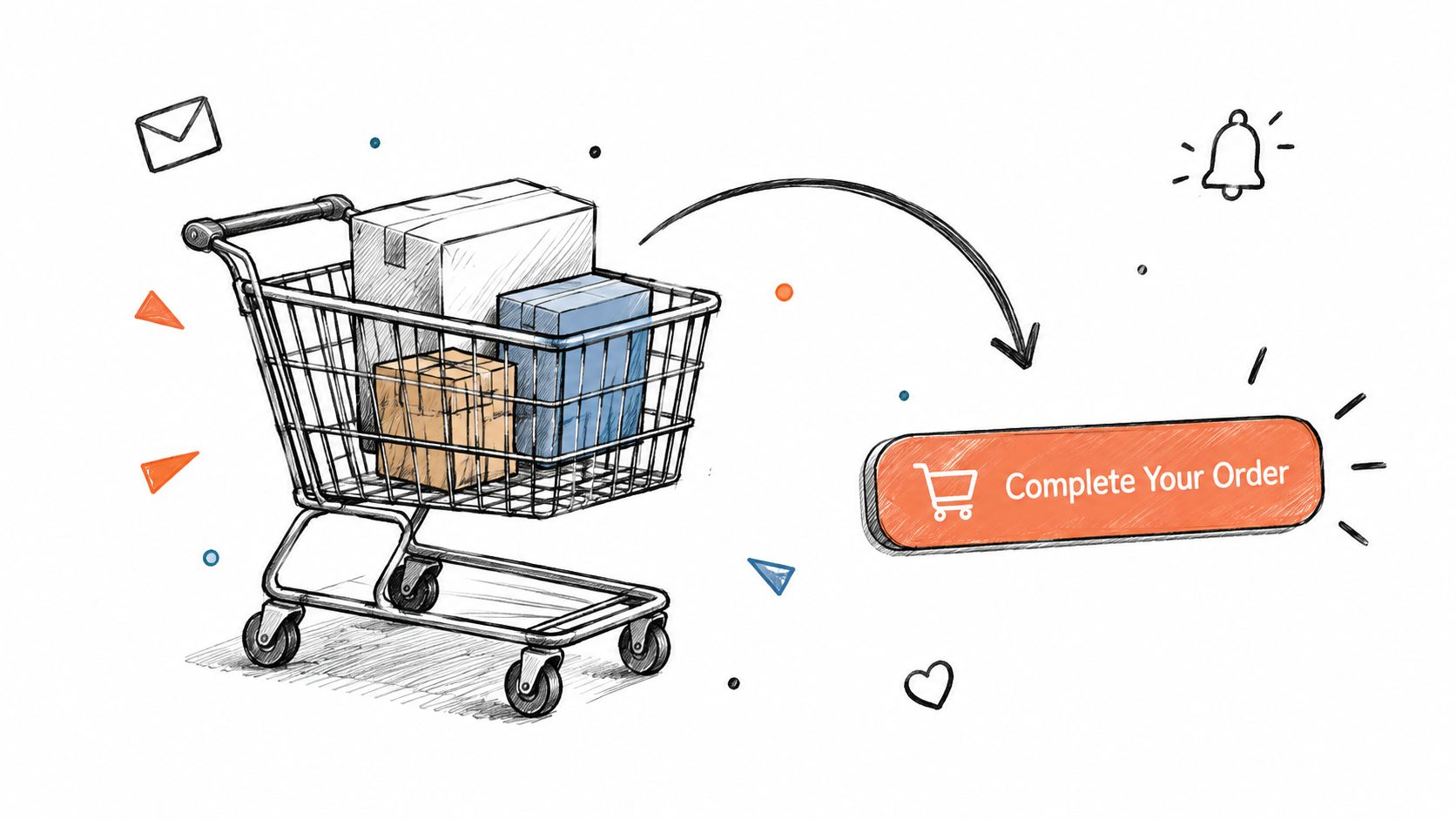 A hand-drawn illustration of a shopping cart filled with packages pointing toward an orange Complete Your Order button.