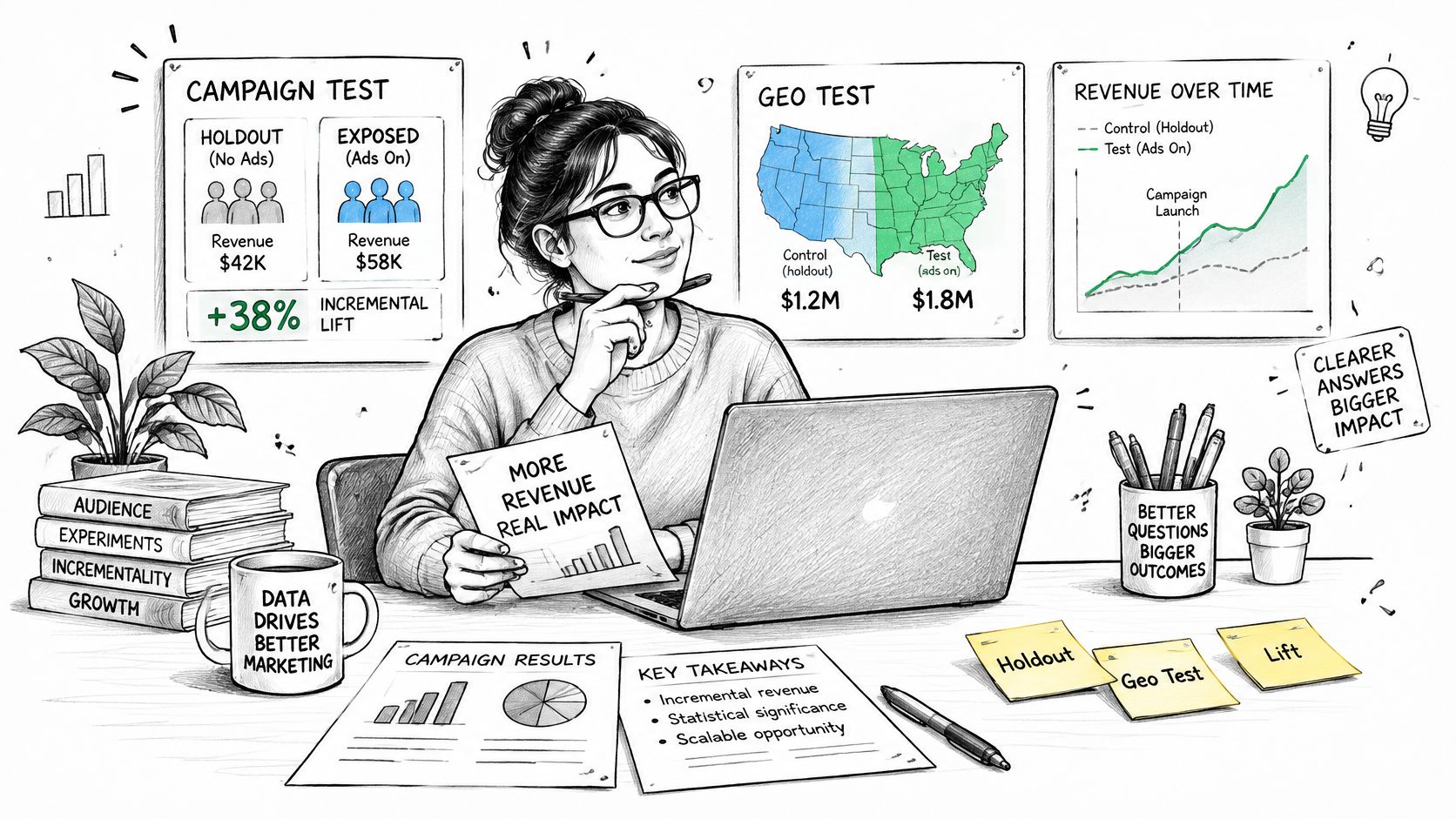 A woman working at a desk surrounded by charts and notes about marketing experiments and revenue data.