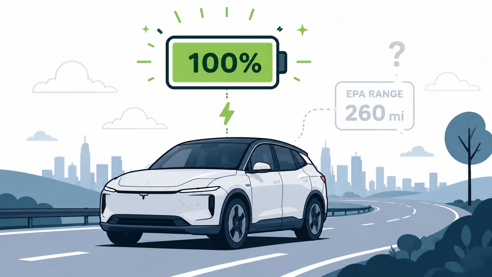 A sleek white electric SUV driving on a highway with a battery icon showing full charge.