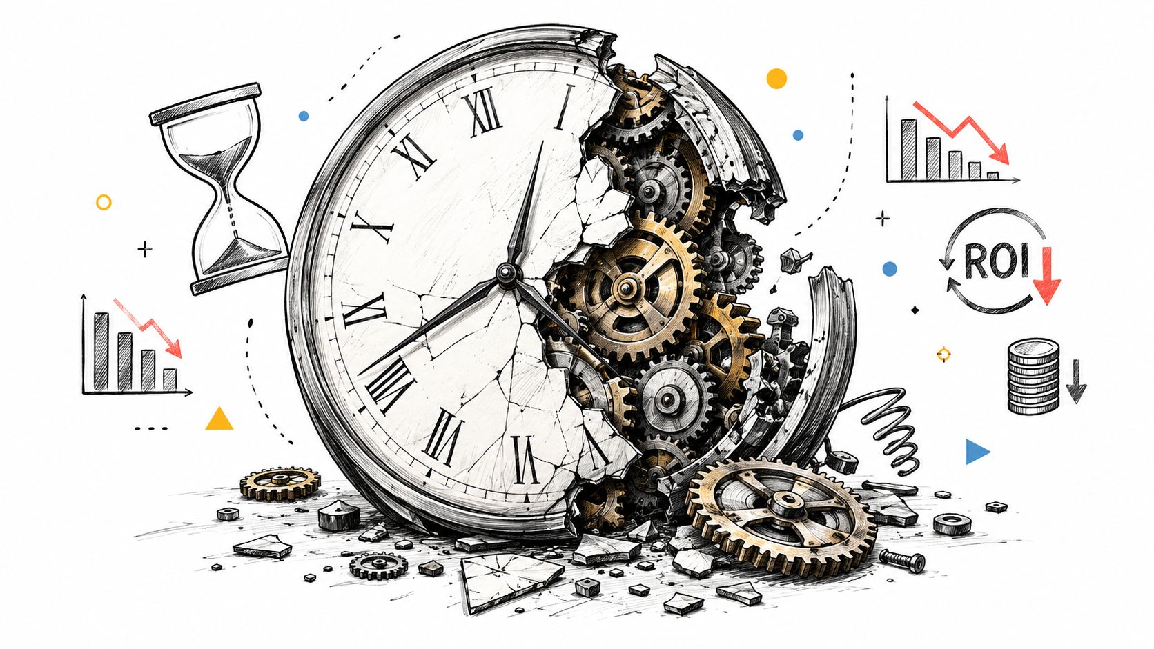 A broken clock surrounded by gears, charts with declining trends, and an ROI symbol, representing business failure.
