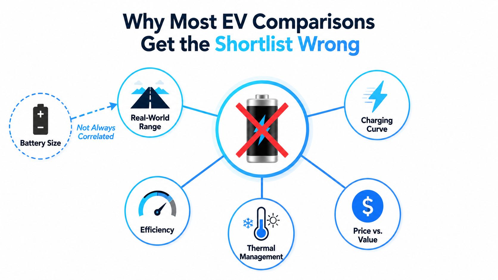 An infographic illustrating that EV comparisons should prioritize efficiency, charging, and thermal management over simple battery size.