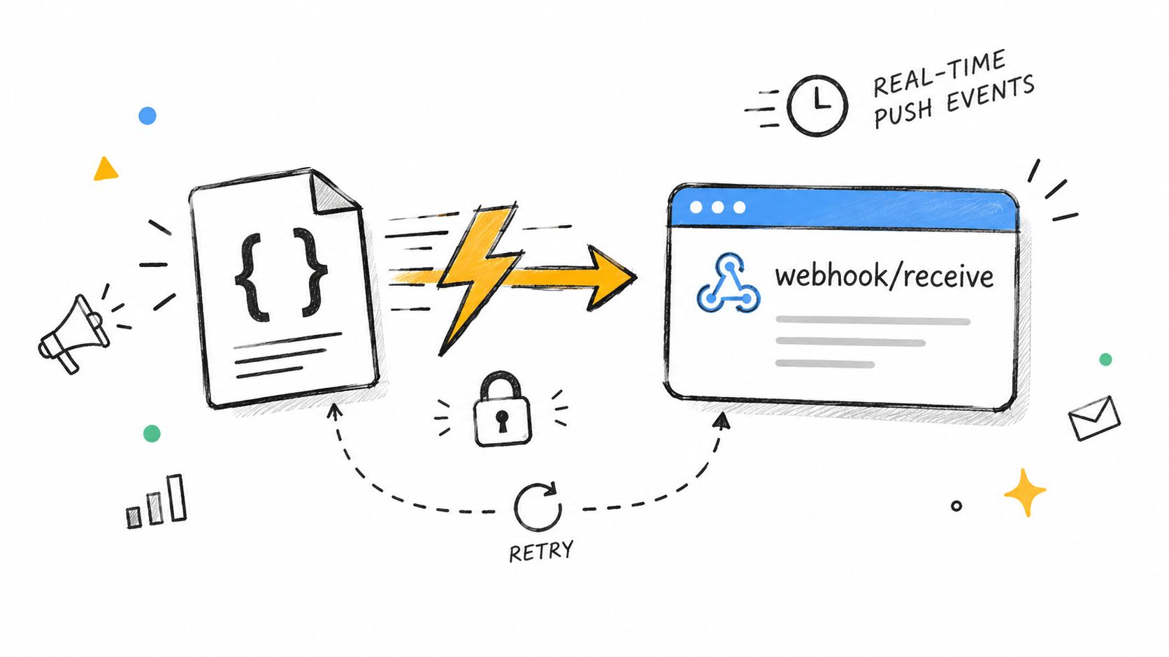 A hand-drawn illustration showing a data source sending real-time webhook events to a server endpoint.