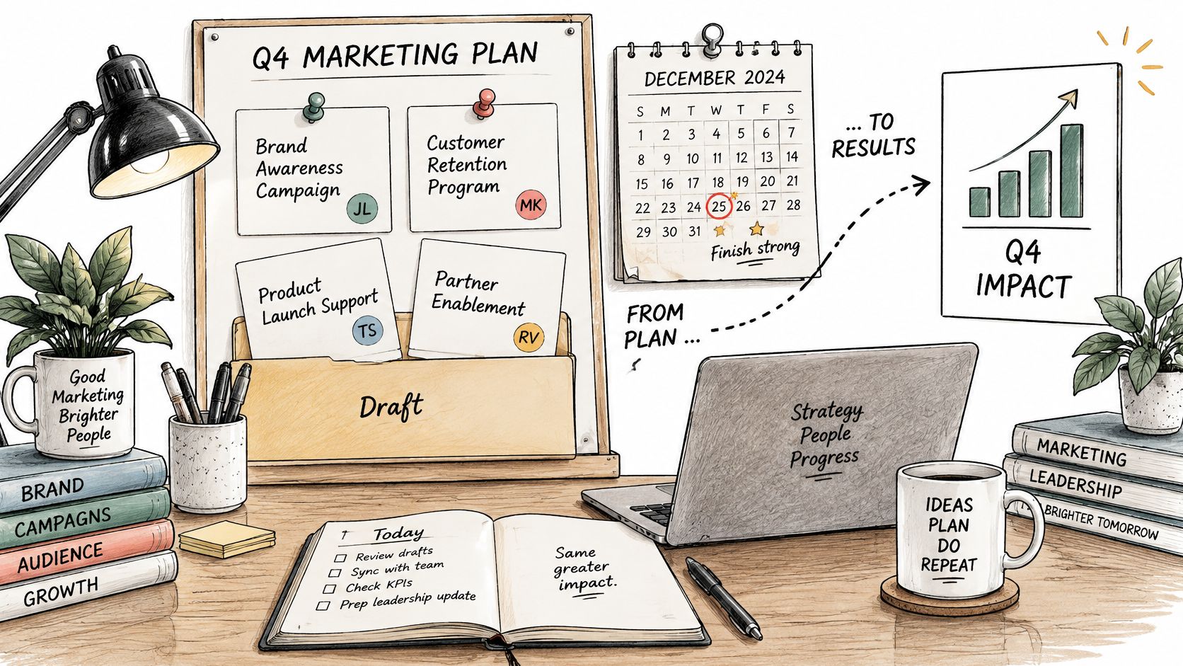 A hand-drawn illustration showing a marketing strategy workspace with a project plan, calendar, and daily task list.