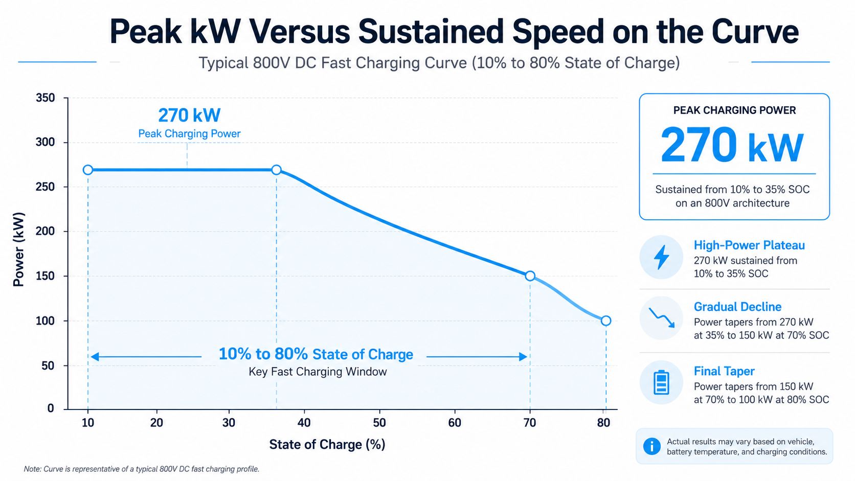 A line graph illustrating a typical 800V DC fast charging curve for an electric vehicle battery.
