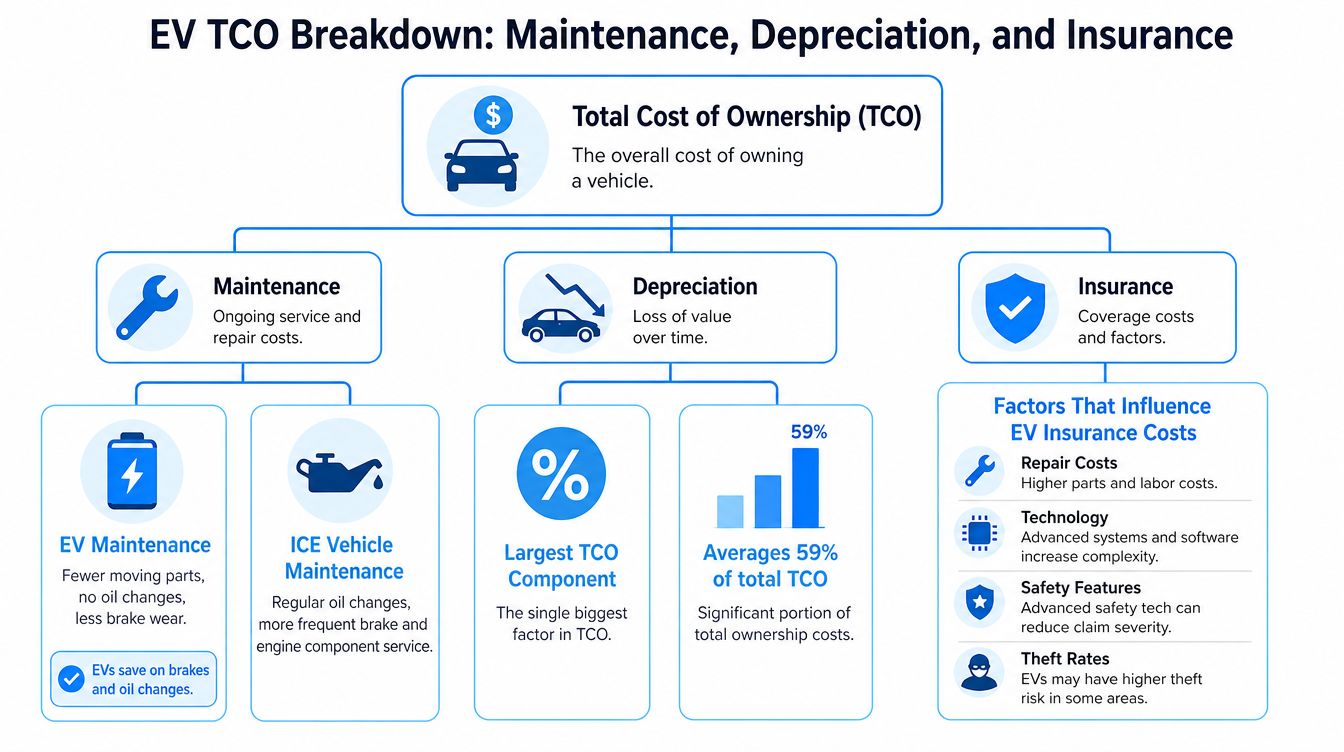 An infographic breakdown explaining the total cost of ownership for electric vehicles, covering maintenance, depreciation, and insurance.