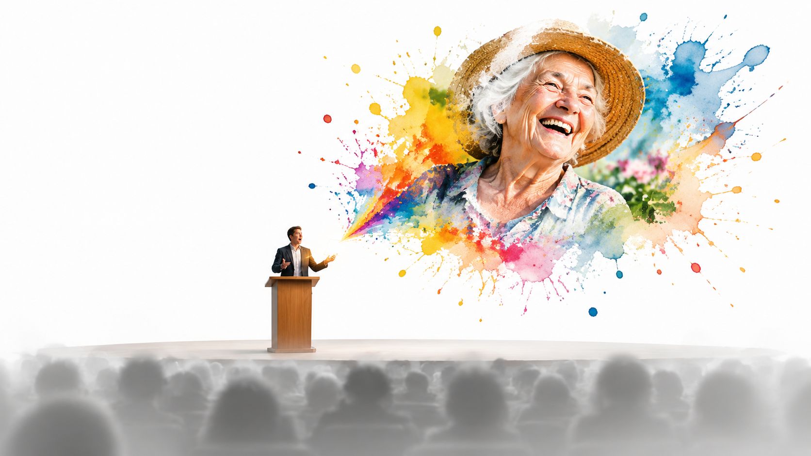 A speaker on stage gestures toward a vibrant, colorful watercolor projection of a smiling elderly woman.