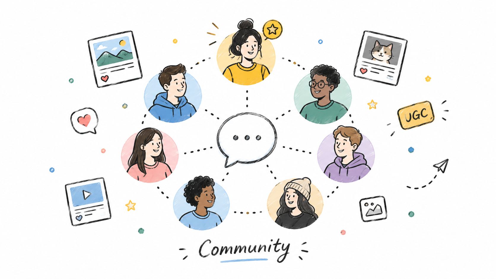 A hand-drawn illustration depicting a central speech bubble surrounded by diverse people connecting in an online community.