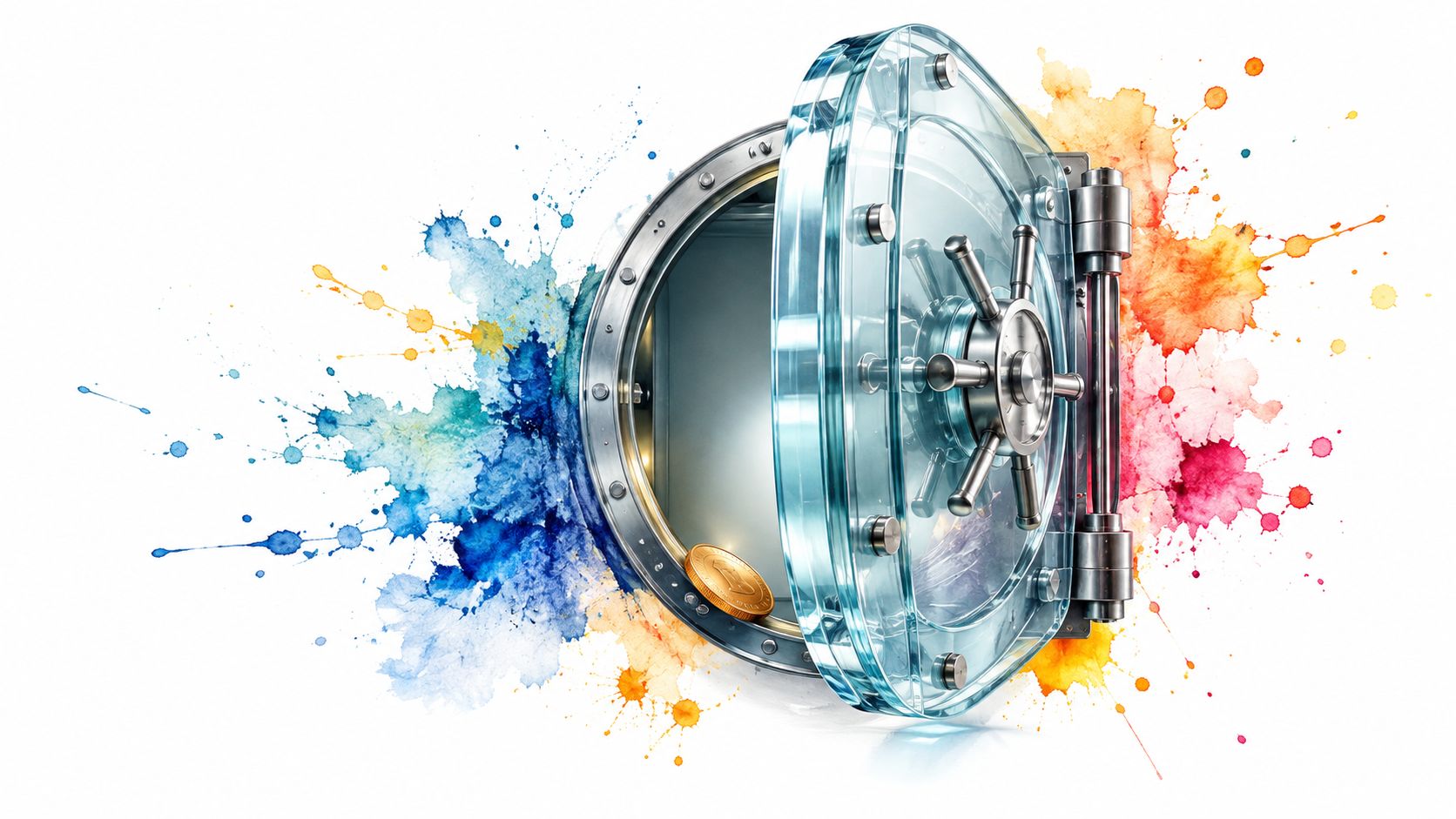 A modern glass vault door opening with a gold coin inside surrounded by colorful watercolor paint splatters.