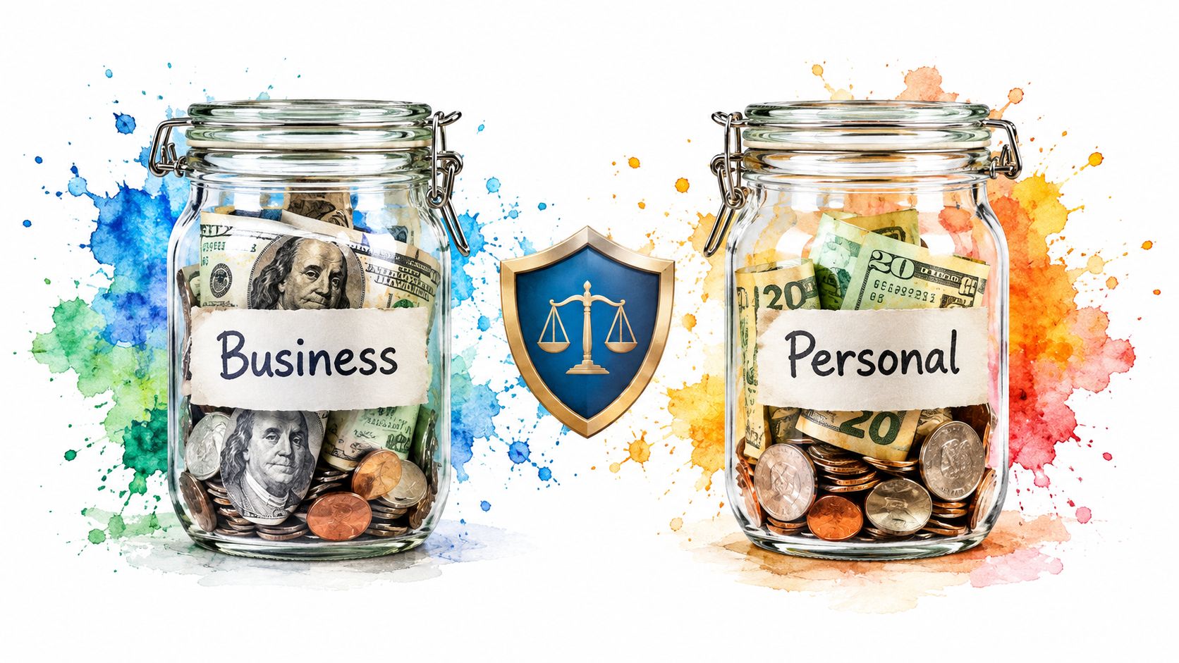 A conceptual illustration showing two glass jars filled with money labeled Business and Personal with a shield icon.