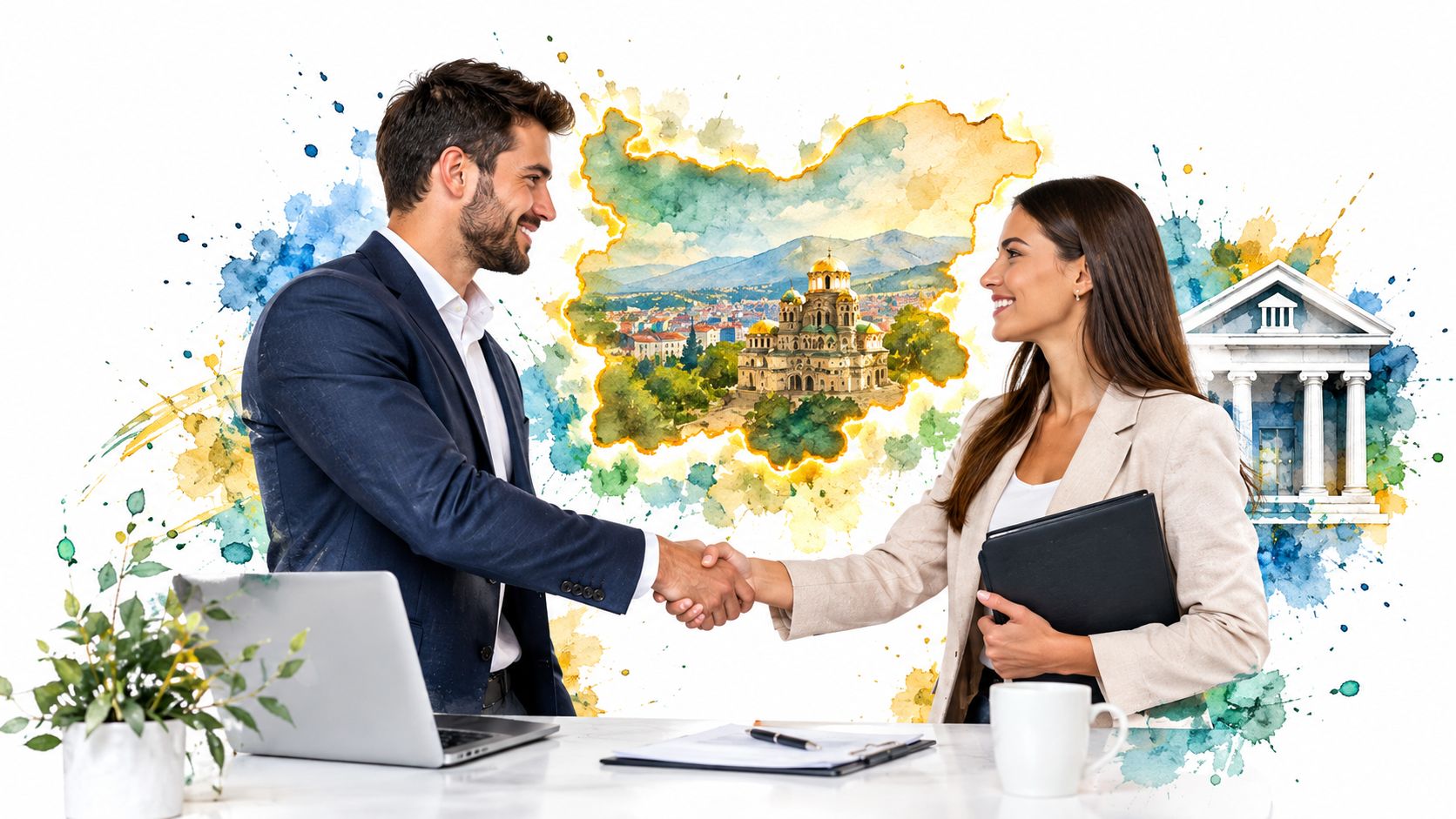 A professional man and woman shaking hands in an office with a map of Bulgaria and a bank illustration.