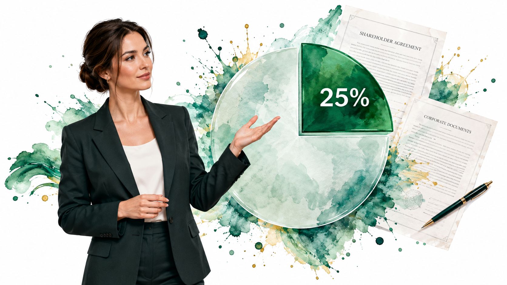 A professional businesswoman presenting a pie chart representing a twenty-five percent stake next to corporate legal documents.