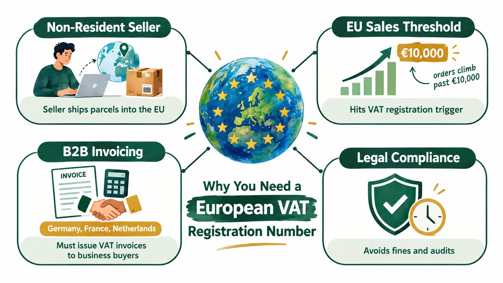 An infographic explaining the importance of a European VAT registration number for non-resident e-commerce sellers.