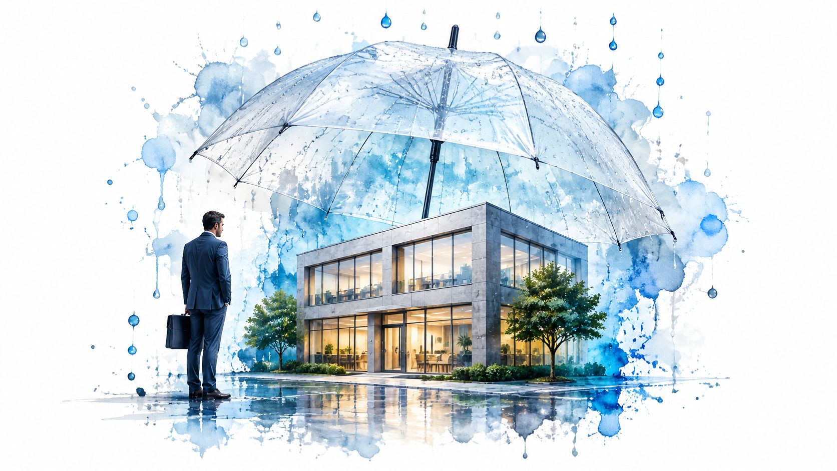 A businessman in a suit stands by a modern office building shielded by a large protective umbrella.