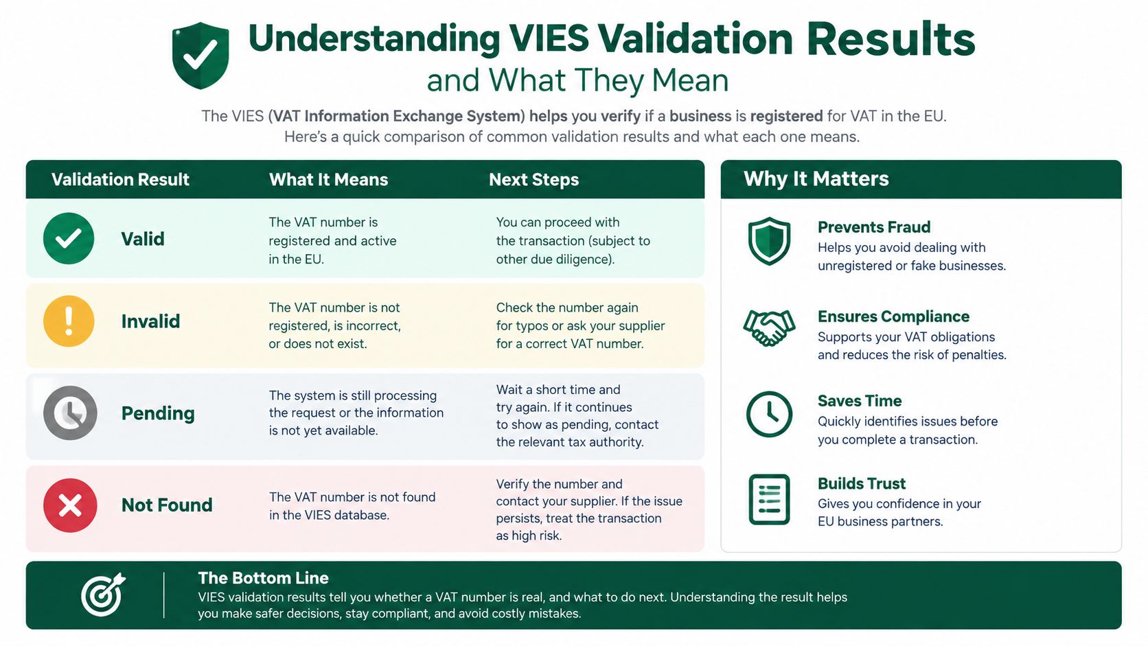 A visual guide explaining VIES VAT number validation results, their meanings, next steps, and benefits for businesses.