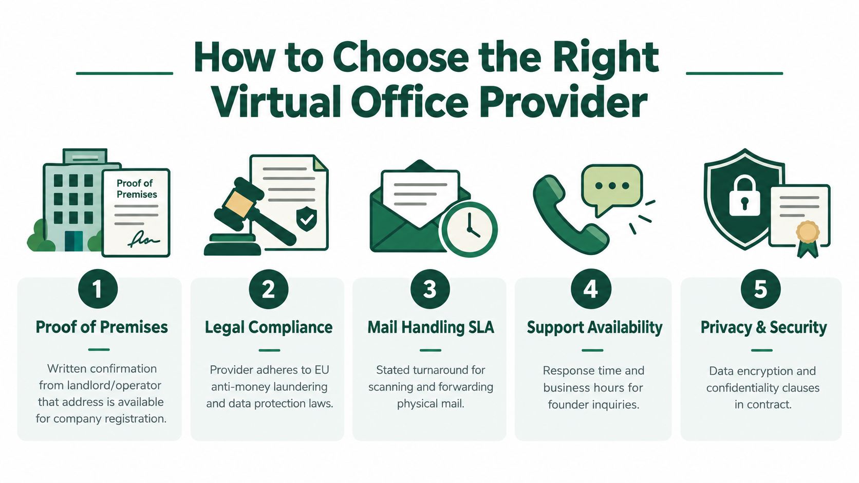 A guide listing five essential criteria to consider when choosing a reliable virtual office service provider.