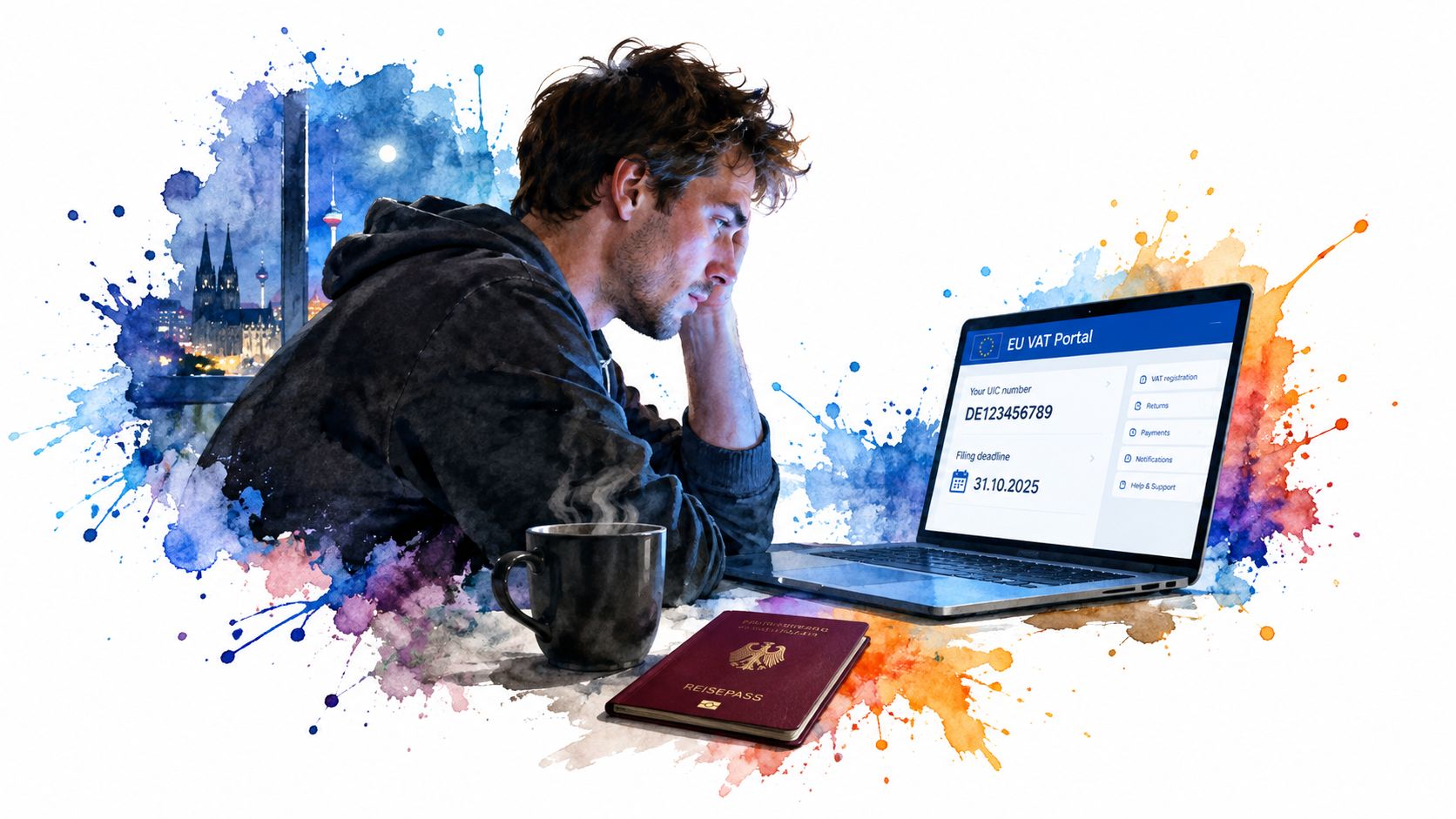 A stressed man using a laptop to manage EU VAT taxes online next to a German passport.