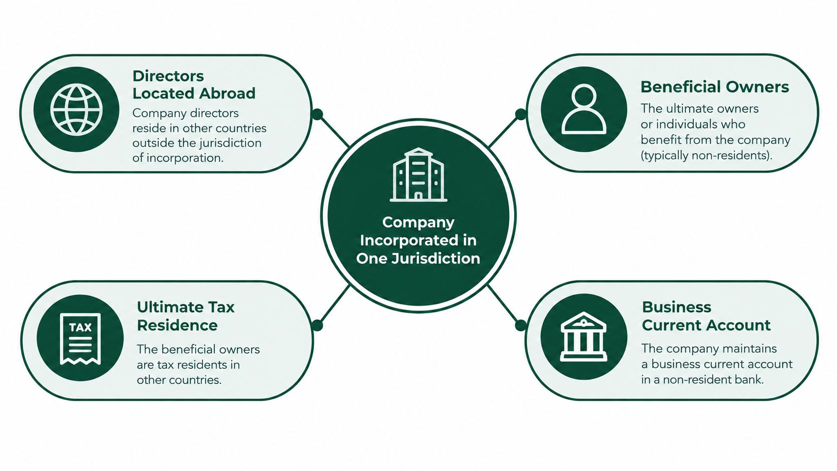 A diagram illustrating the key components of a company incorporated in one jurisdiction with international attributes.