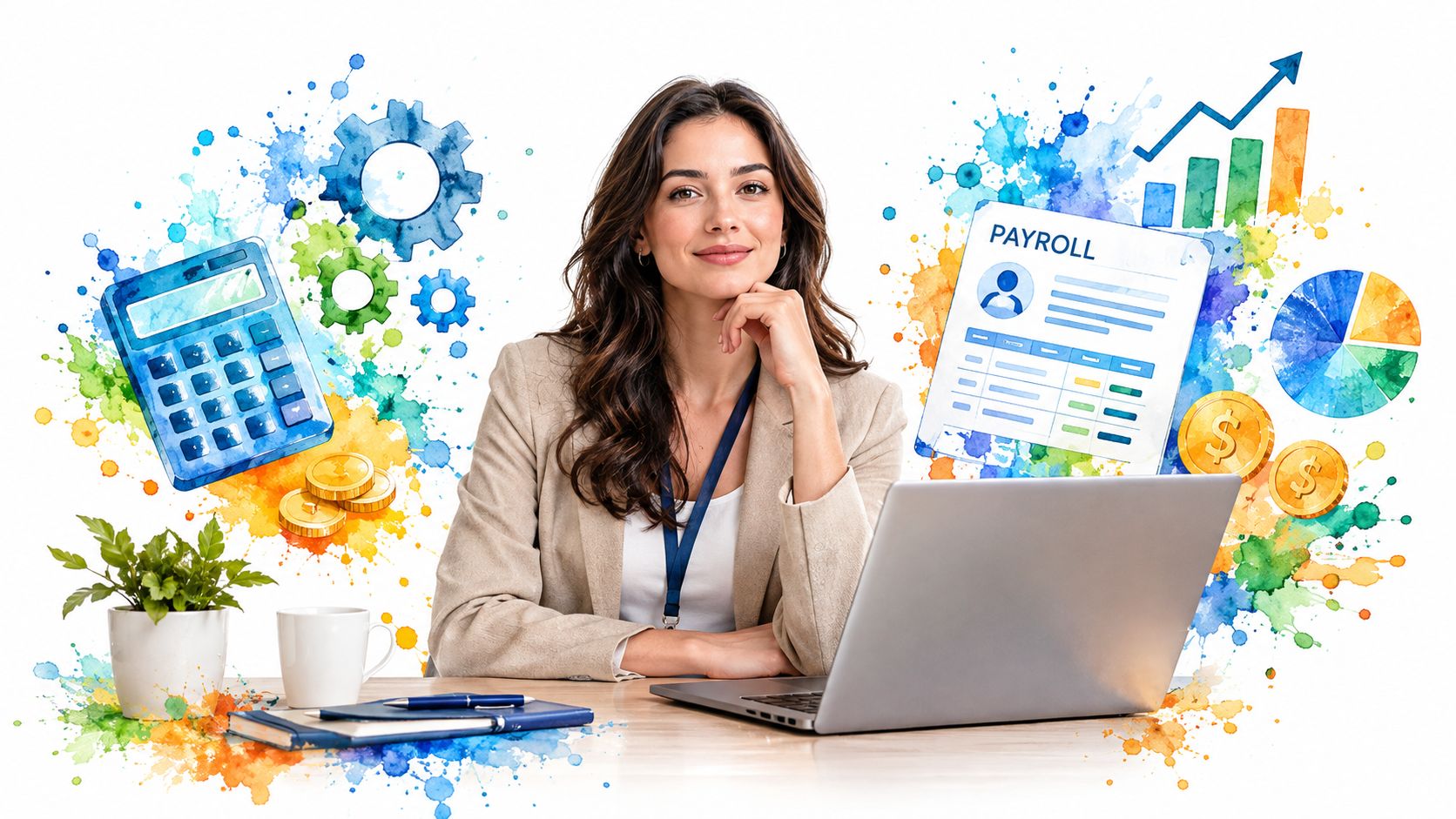 A professional payroll administrator sitting at a desk with a laptop, calculator, and various business icons.
