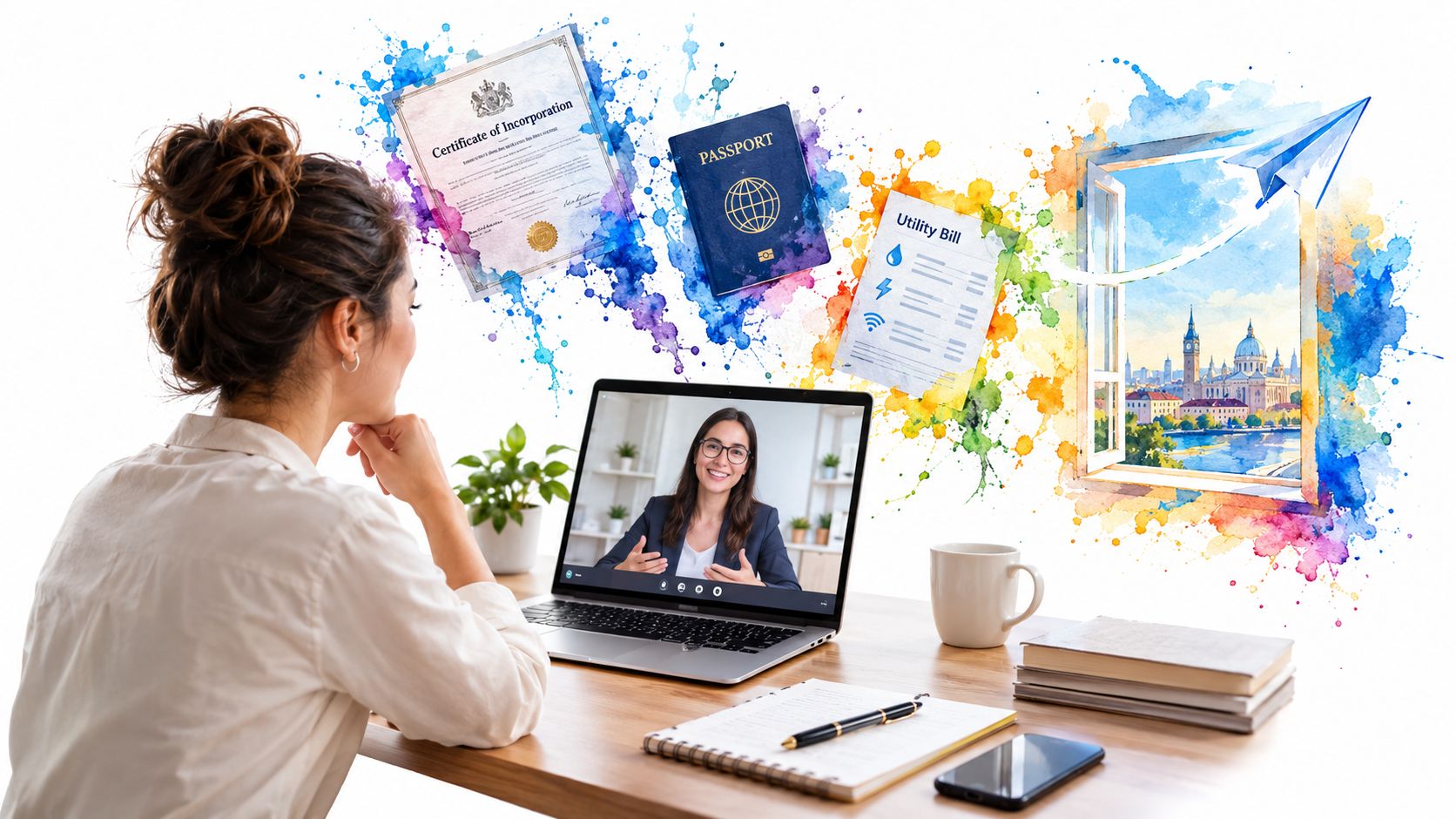 A woman participates in a remote business consultation on her laptop while surrounded by floating digital documents.